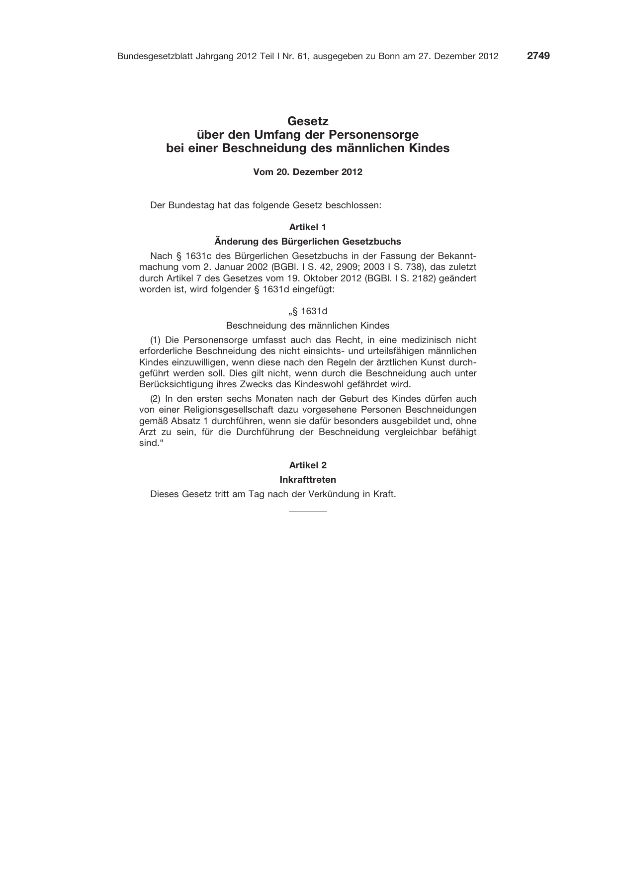 BGBl. 2012, Seite 2749 — Originalseite als Abbildung