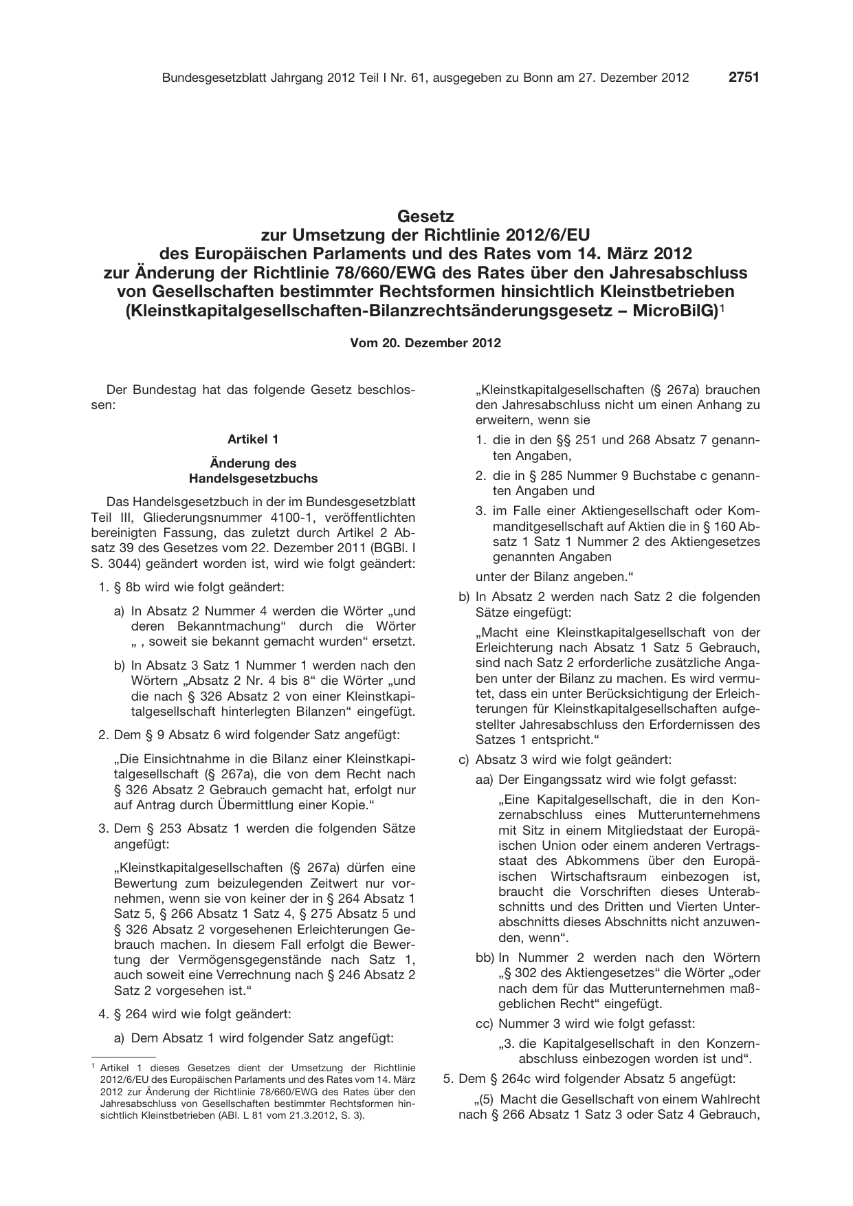 BGBl. 2012, Seite 2751 — Originalseite als Abbildung