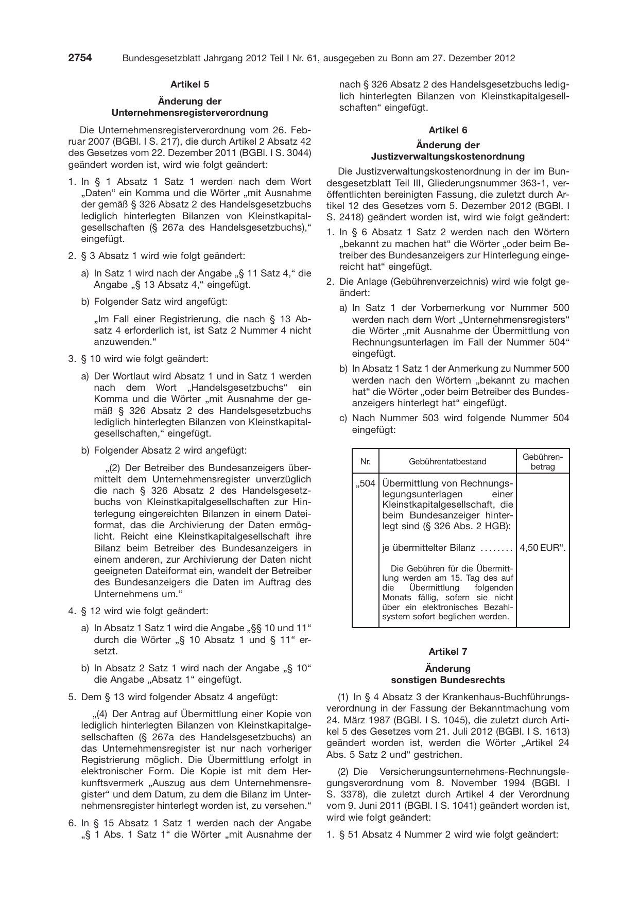 BGBl. 2012, Seite 2754 — Originalseite als Abbildung