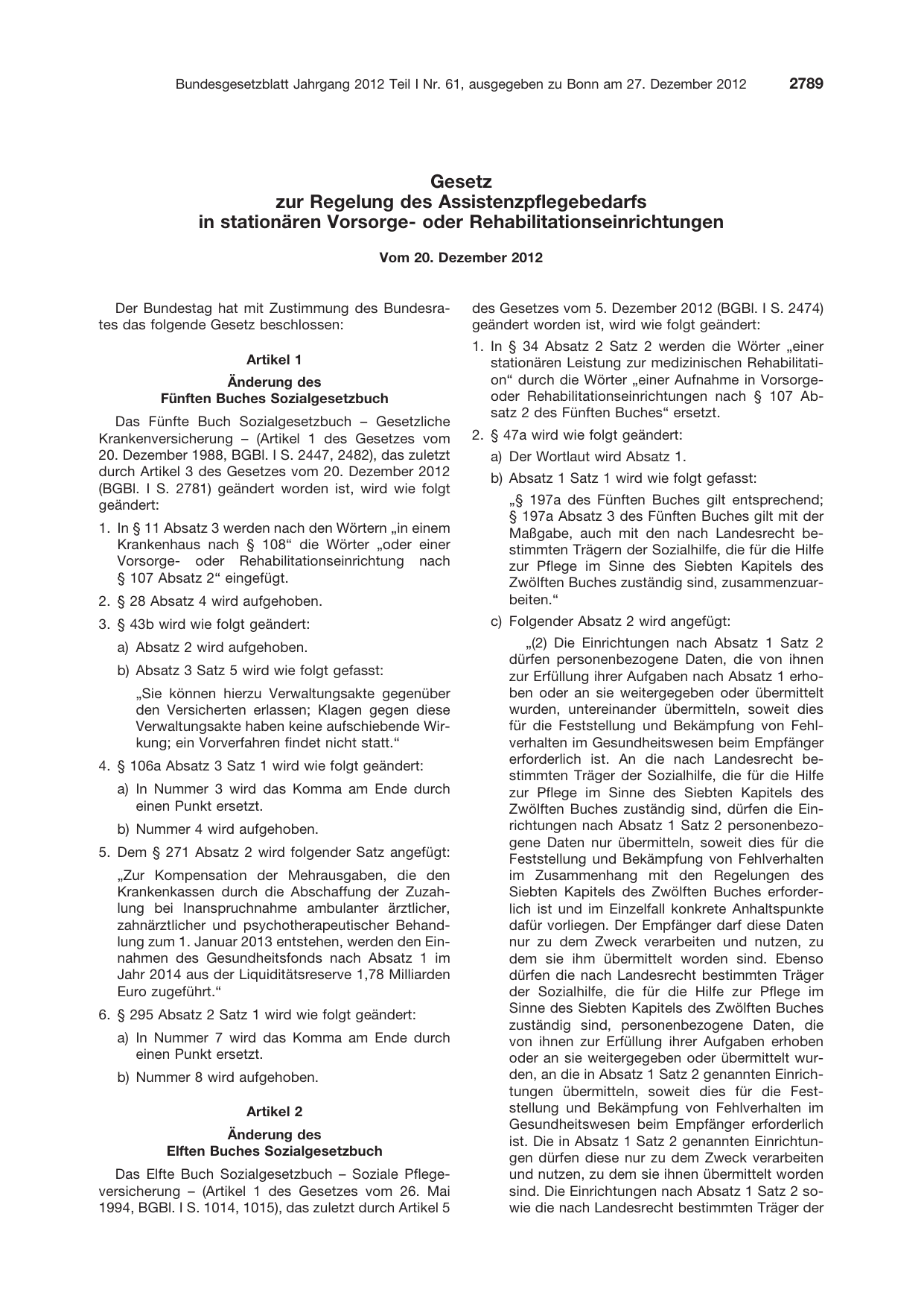 BGBl. 2012, Seite 2789 — Originalseite als Abbildung