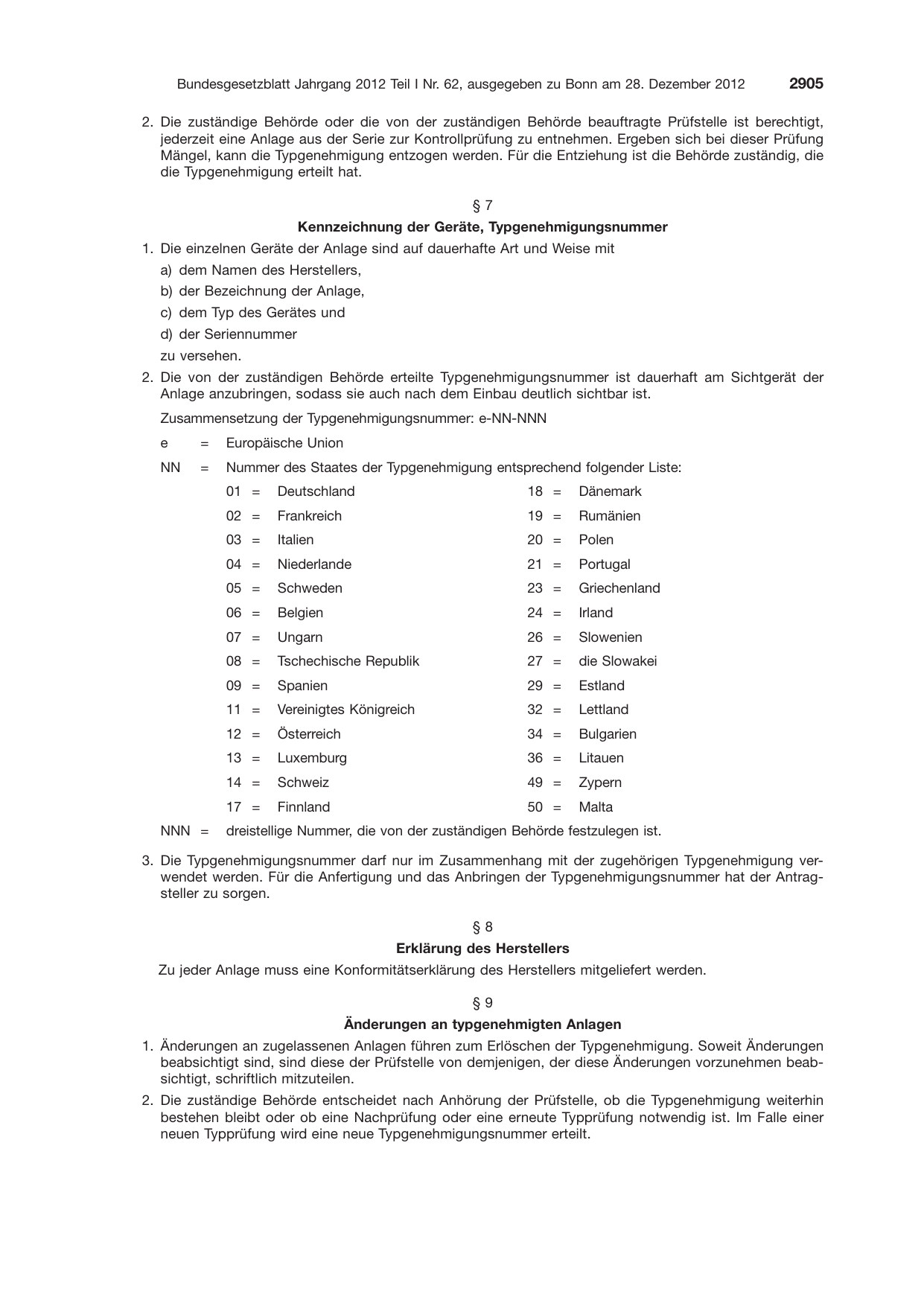 BGBl. 2012, Seite 2905 — Originalseite als Abbildung