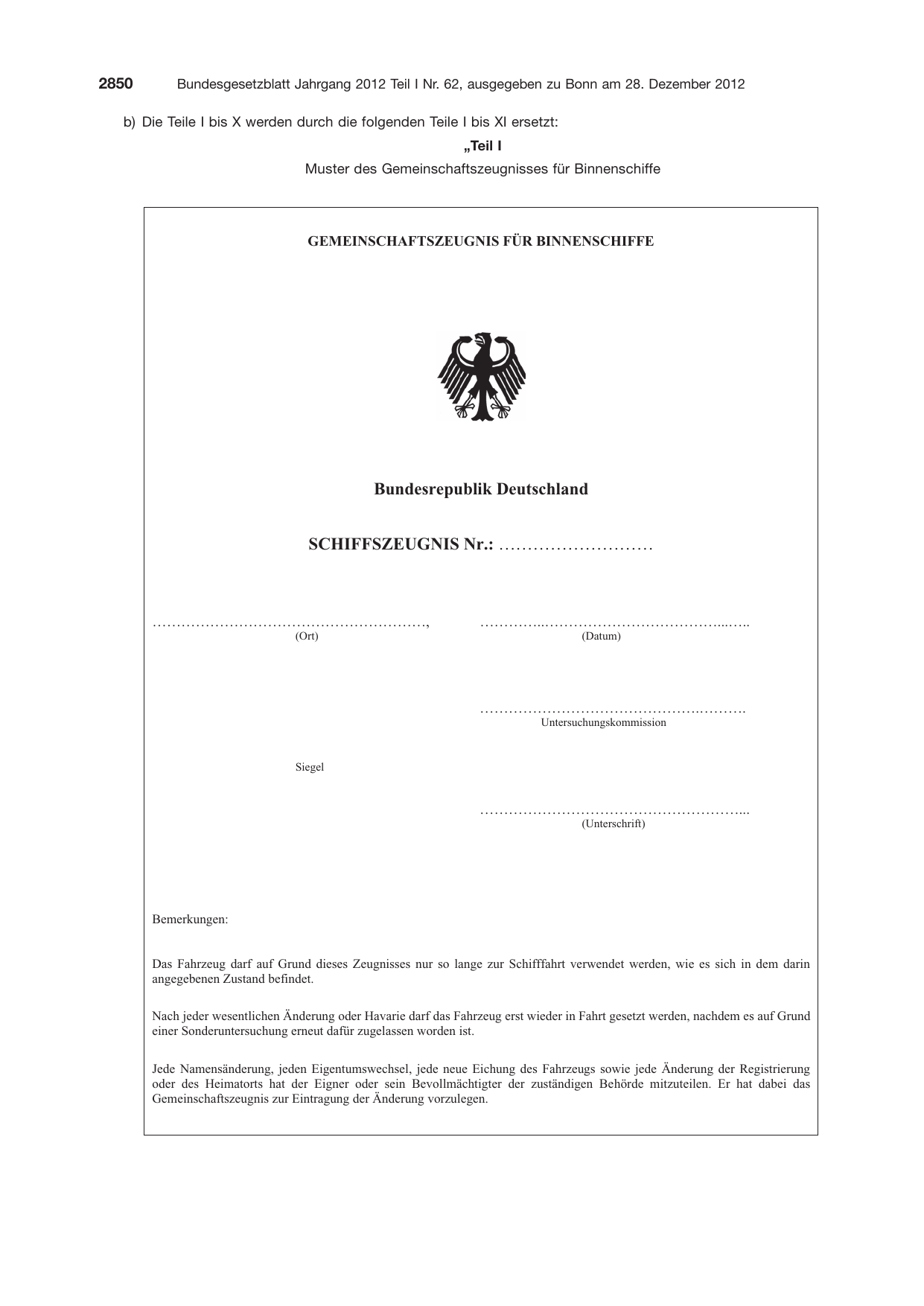 BGBl. 2012, Seite 2850 — Originalseite als Abbildung
