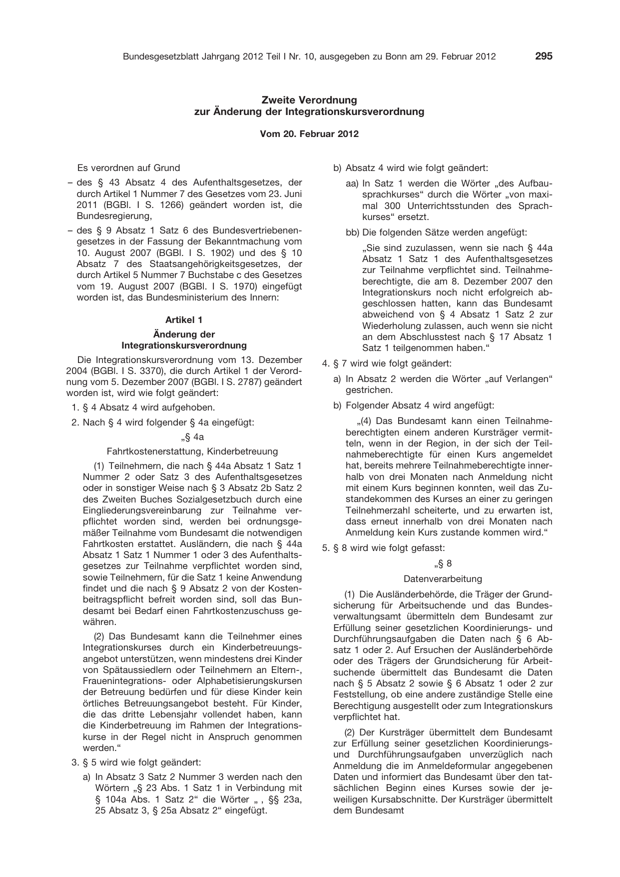 BGBl. 2012, Seite 295 — Originalseite als Abbildung