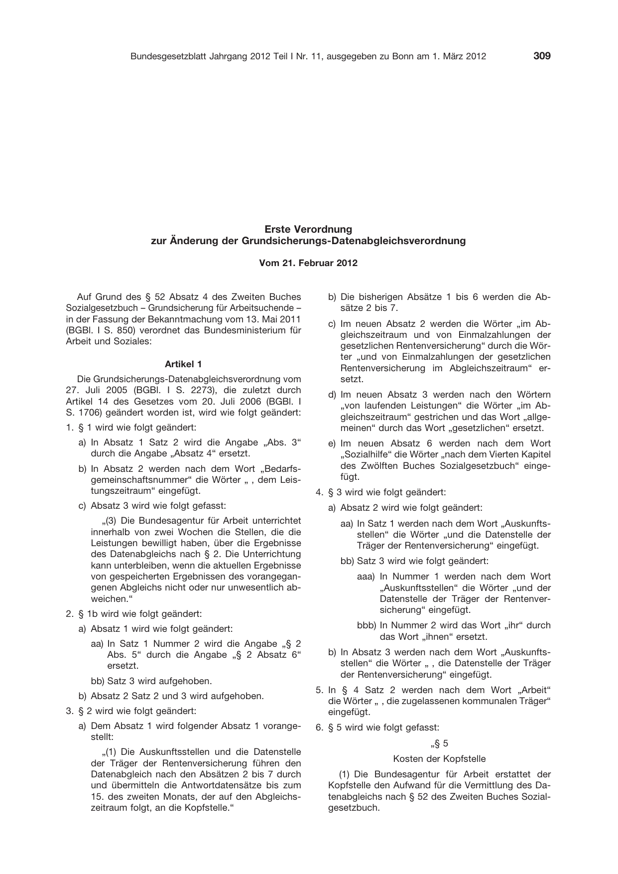 BGBl. 2012, Seite 309 — Originalseite als Abbildung