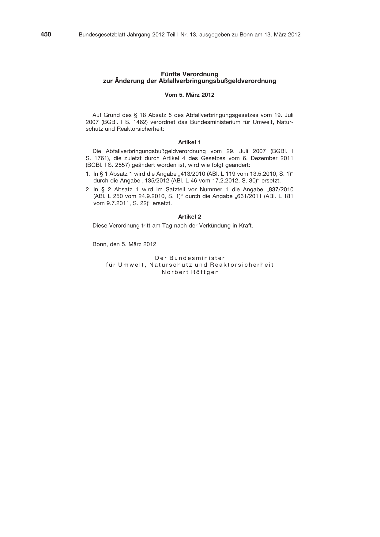 BGBl. 2012, Seite 450 — Originalseite als Abbildung