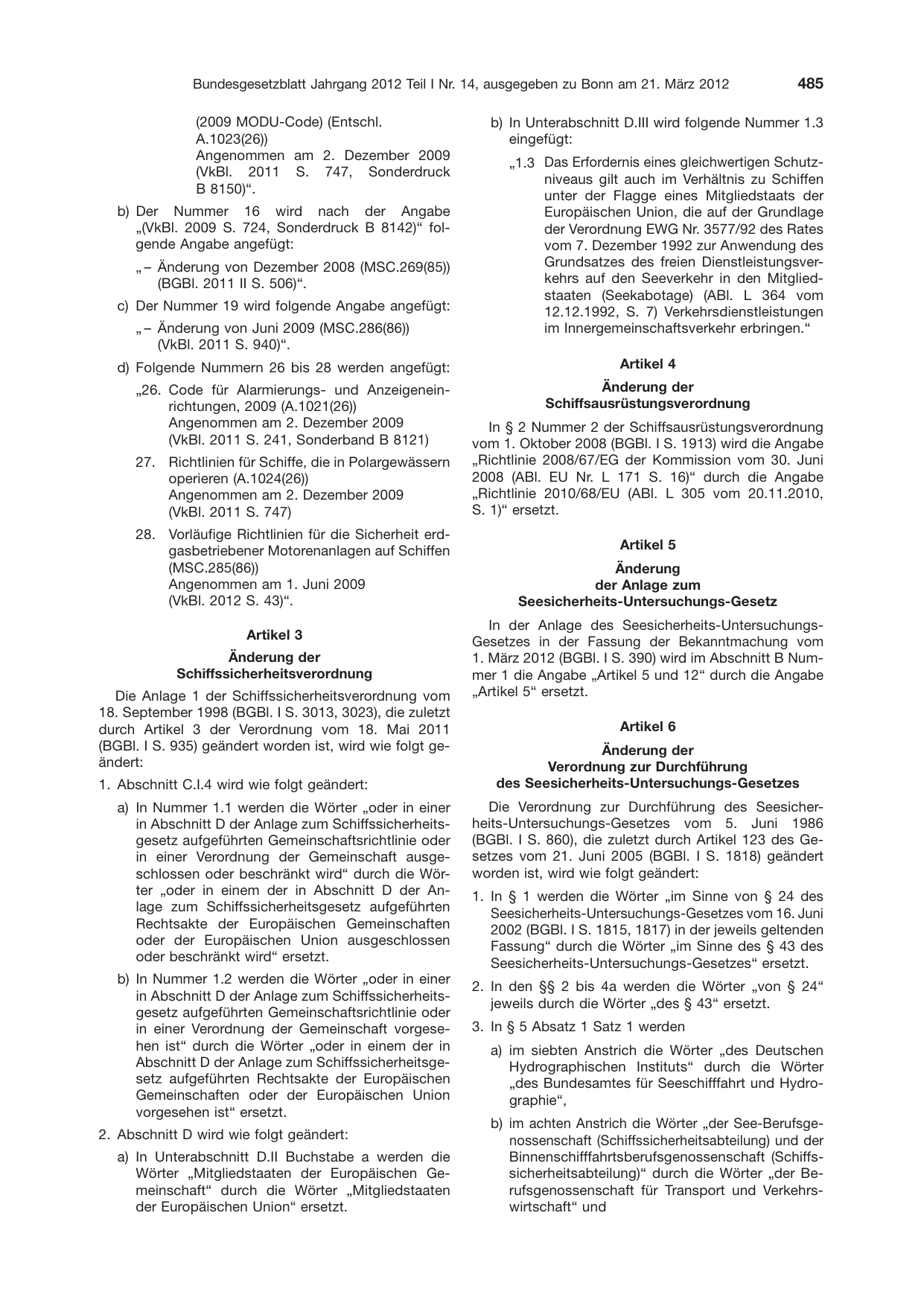 BGBl. 2012, Seite 485 — Originalseite als Abbildung