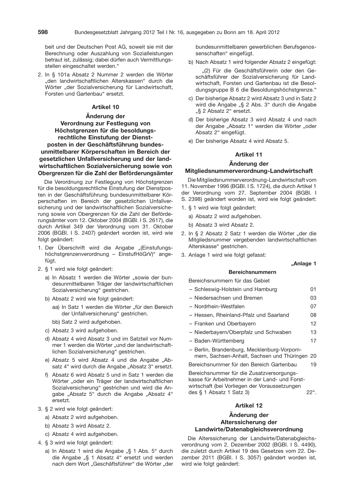 BGBl. 2012, Seite 598 — Originalseite als Abbildung