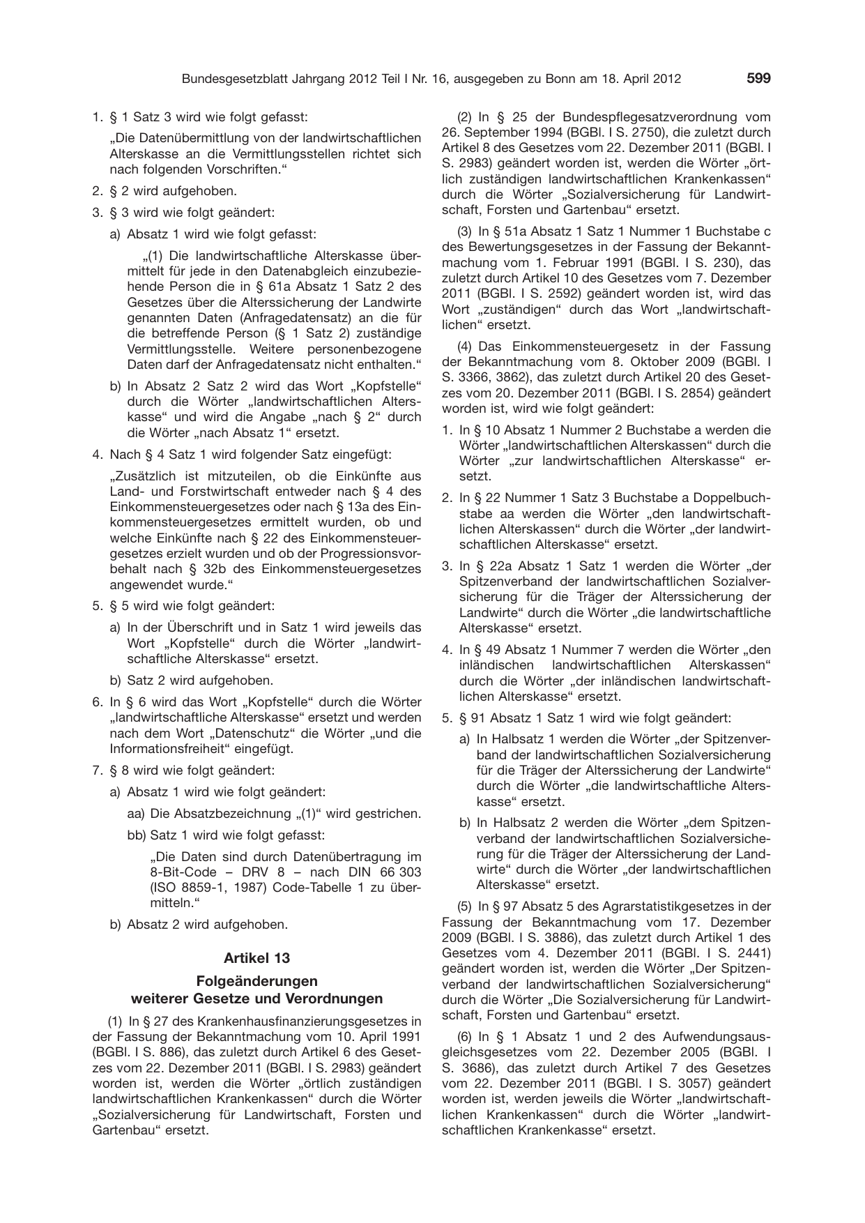 BGBl. 2012, Seite 599 — Originalseite als Abbildung