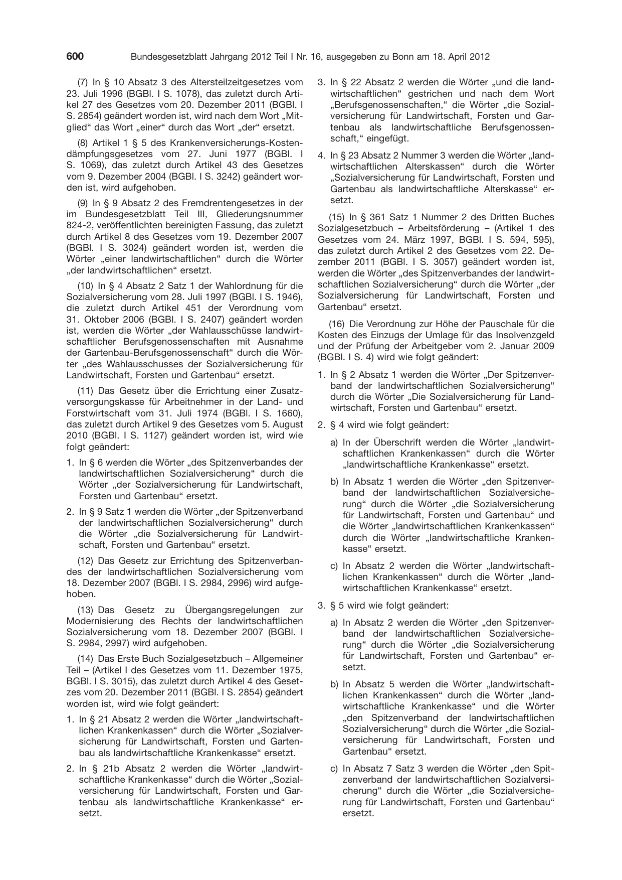 BGBl. 2012, Seite 600 — Originalseite als Abbildung