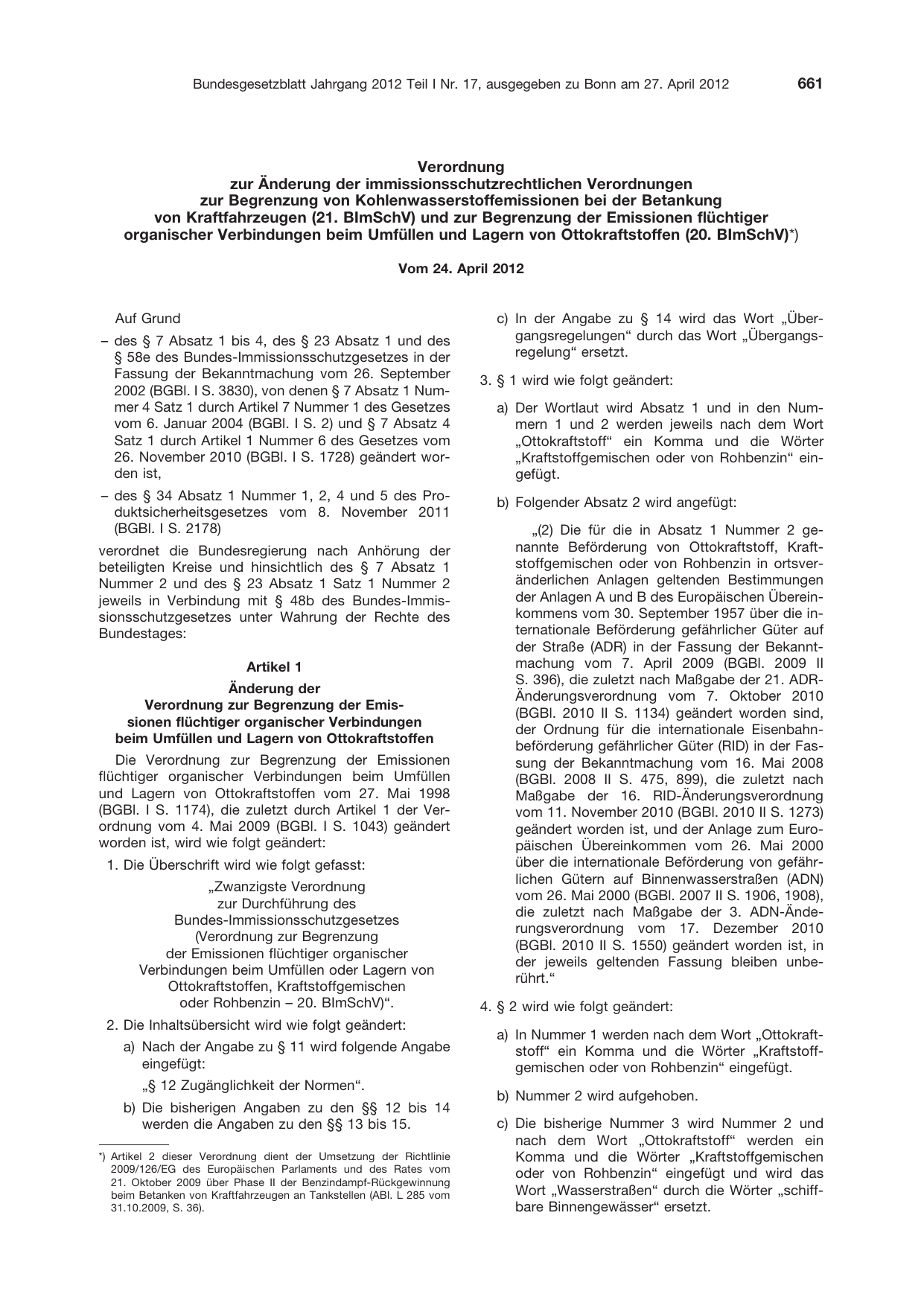 BGBl. 2012, Seite 661 — Originalseite als Abbildung