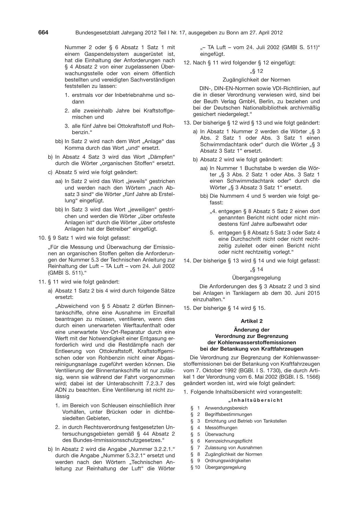 BGBl. 2012, Seite 664 — Originalseite als Abbildung