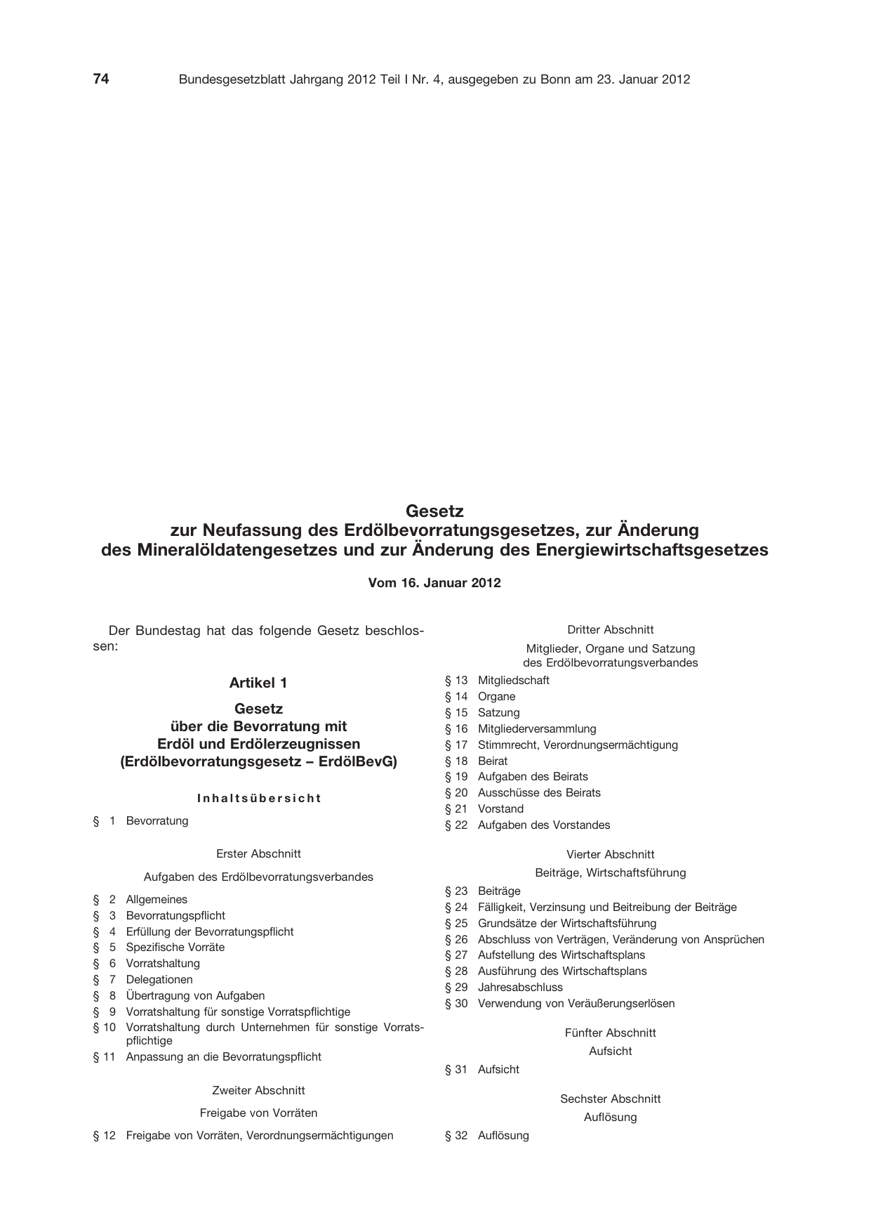BGBl. 2012, Seite 74 — Originalseite als Abbildung