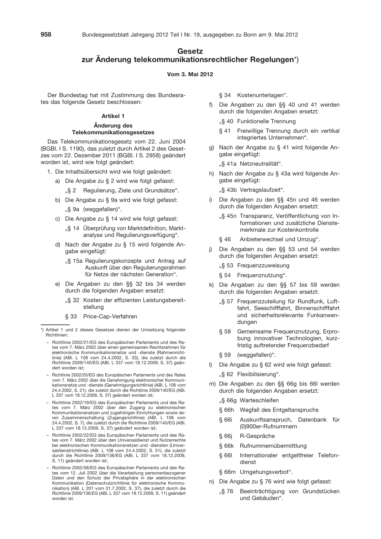 BGBl. 2012, Seite 958 — Originalseite als Abbildung