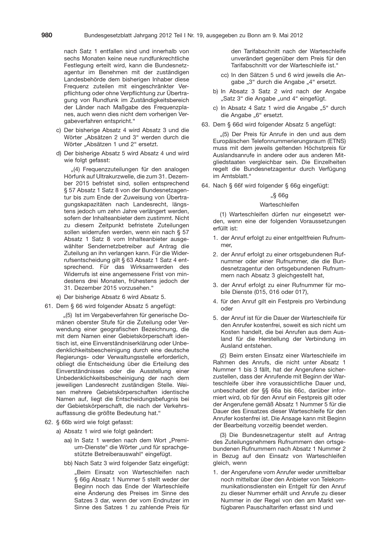BGBl. 2012, Seite 980 — Originalseite als Abbildung