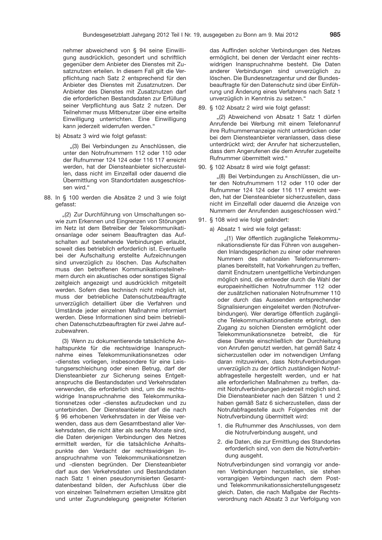 BGBl. 2012, Seite 985 — Originalseite als Abbildung