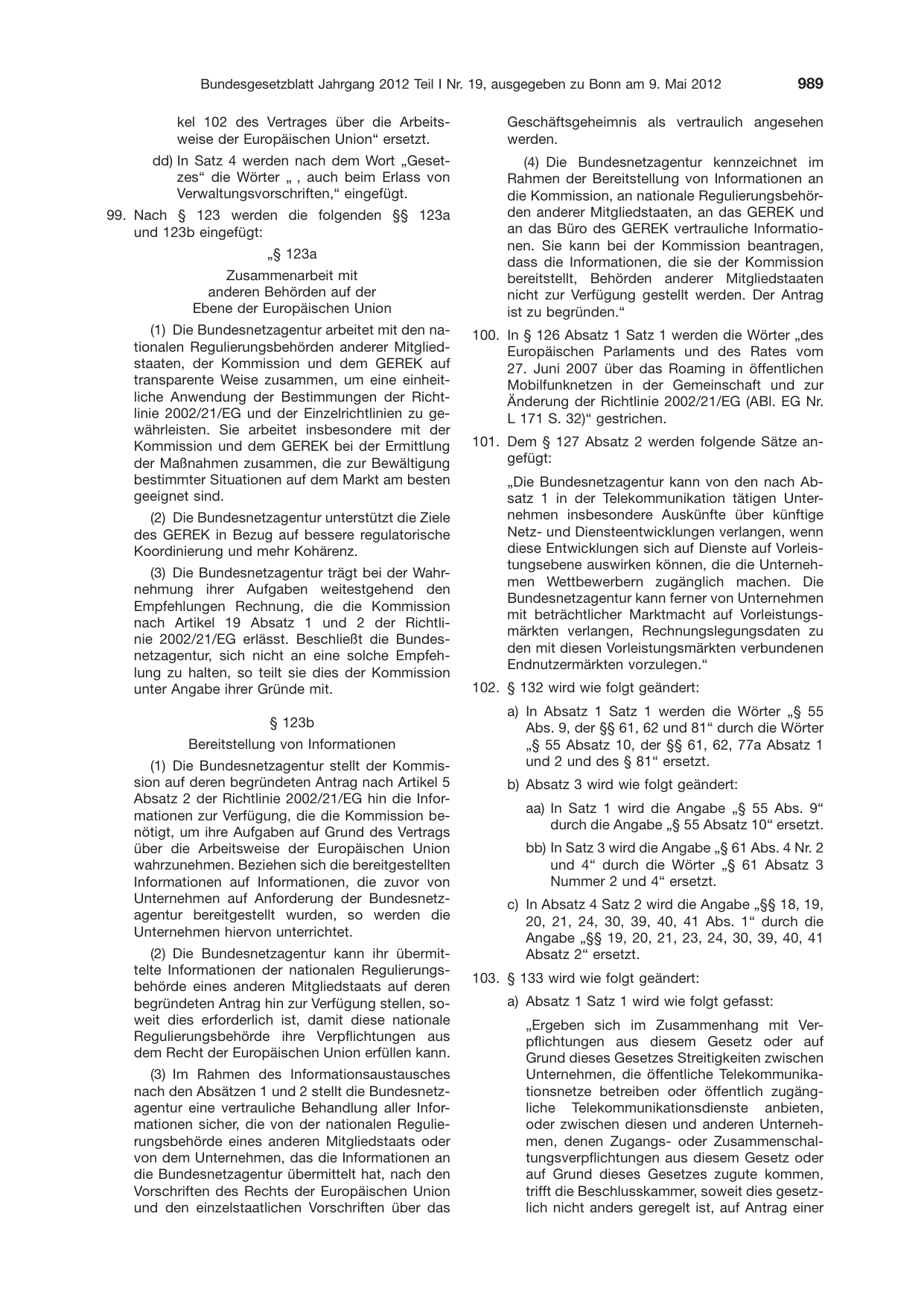 BGBl. 2012, Seite 989 — Originalseite als Abbildung