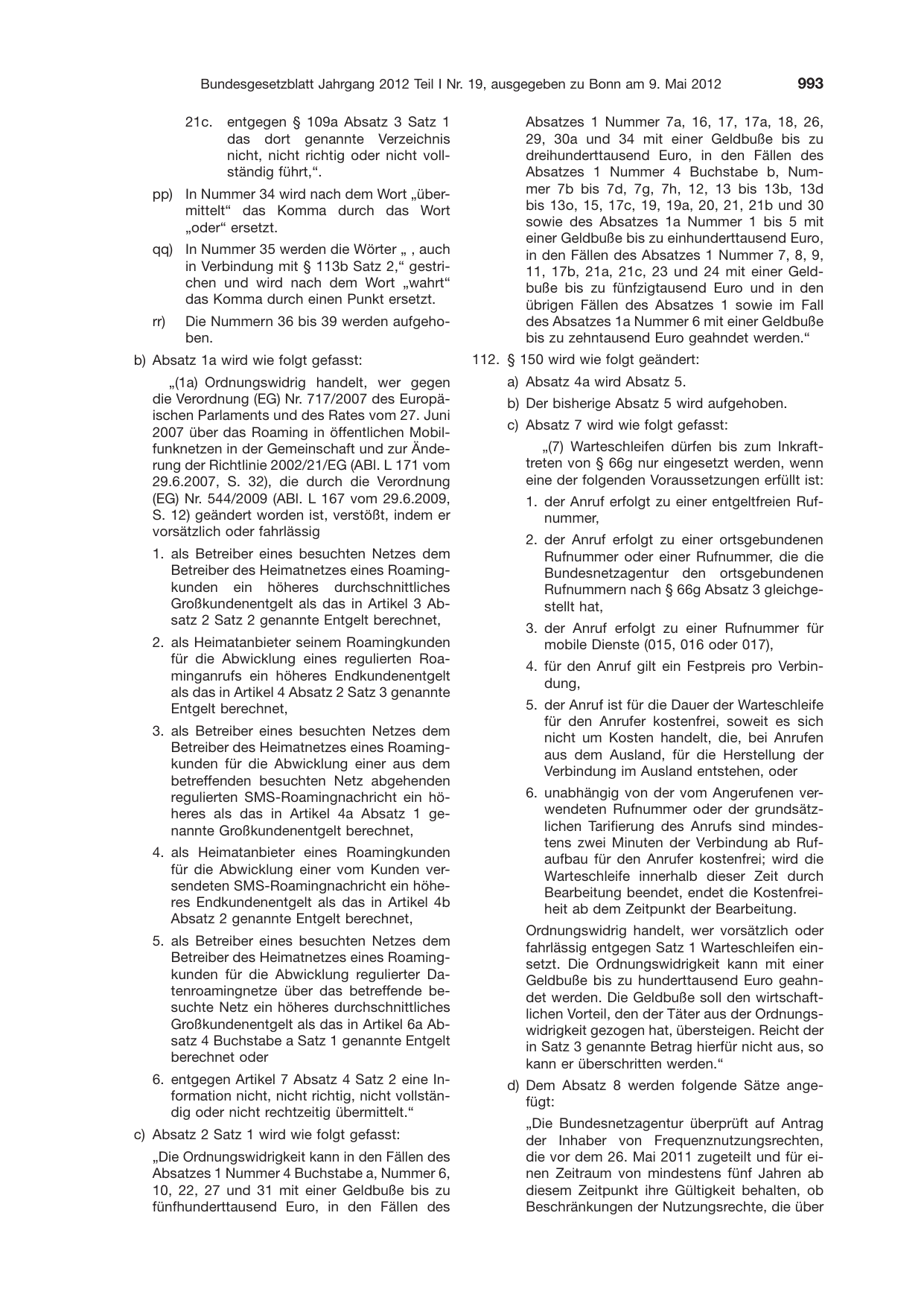 BGBl. 2012, Seite 993 — Originalseite als Abbildung