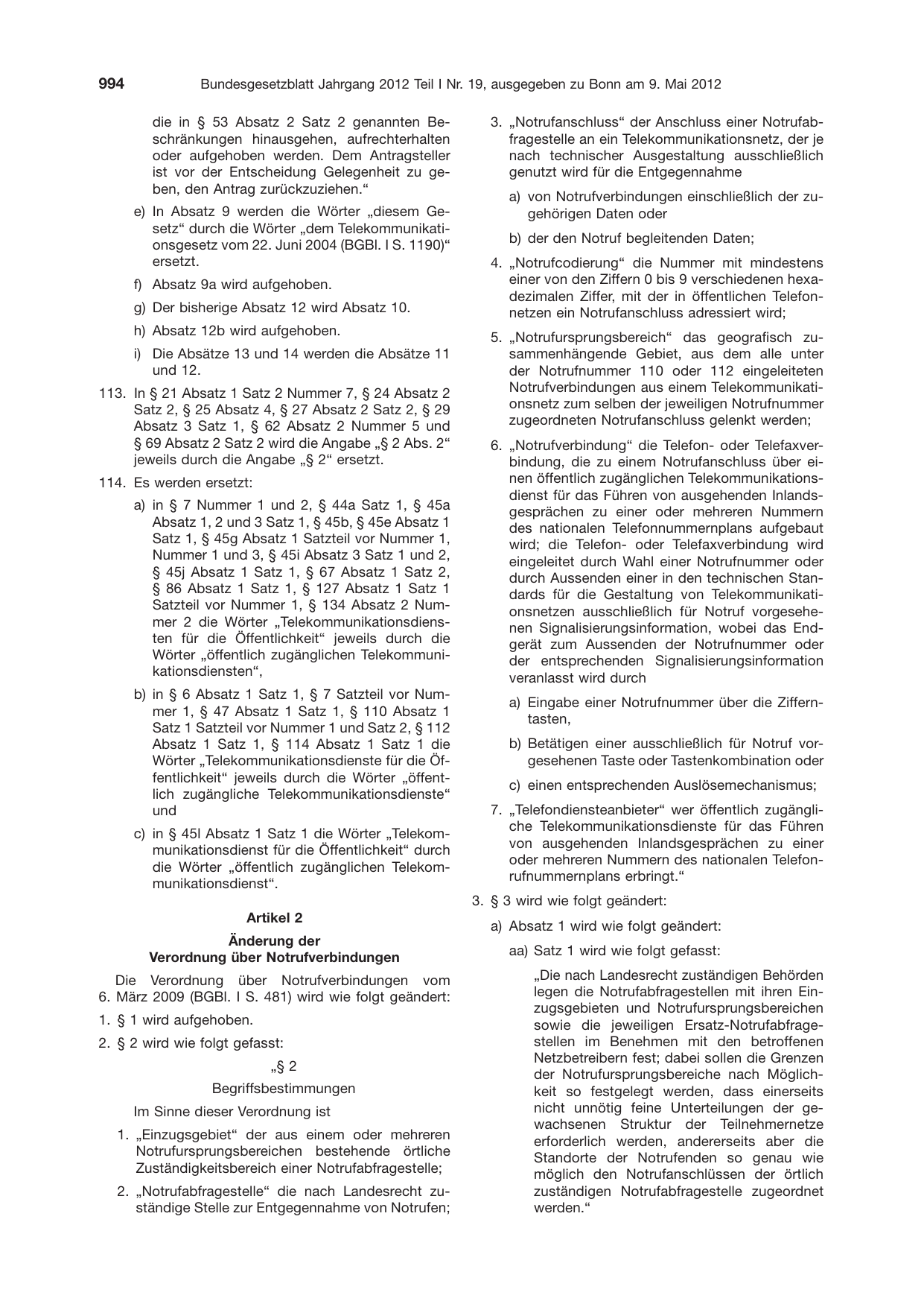 BGBl. 2012, Seite 994 — Originalseite als Abbildung