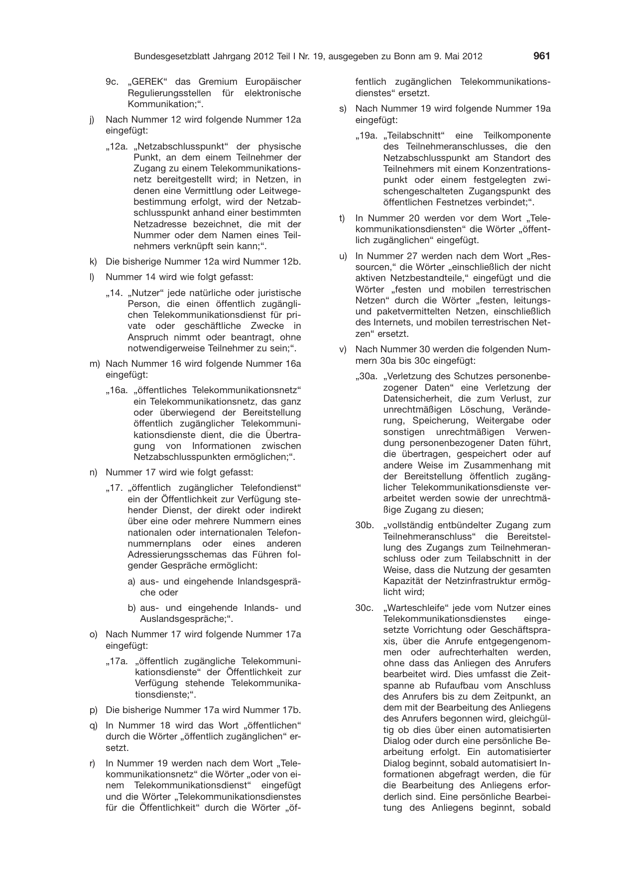 BGBl. 2012, Seite 961 — Originalseite als Abbildung