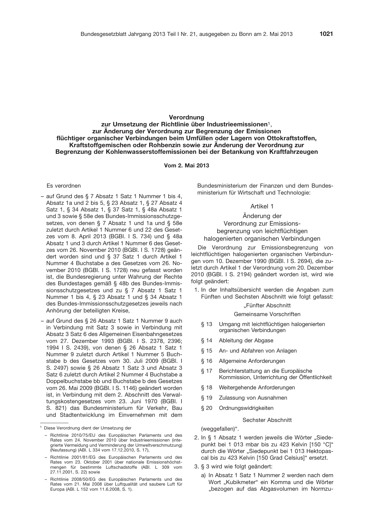 BGBl. 2013, Seite 1021 — Originalseite als Abbildung