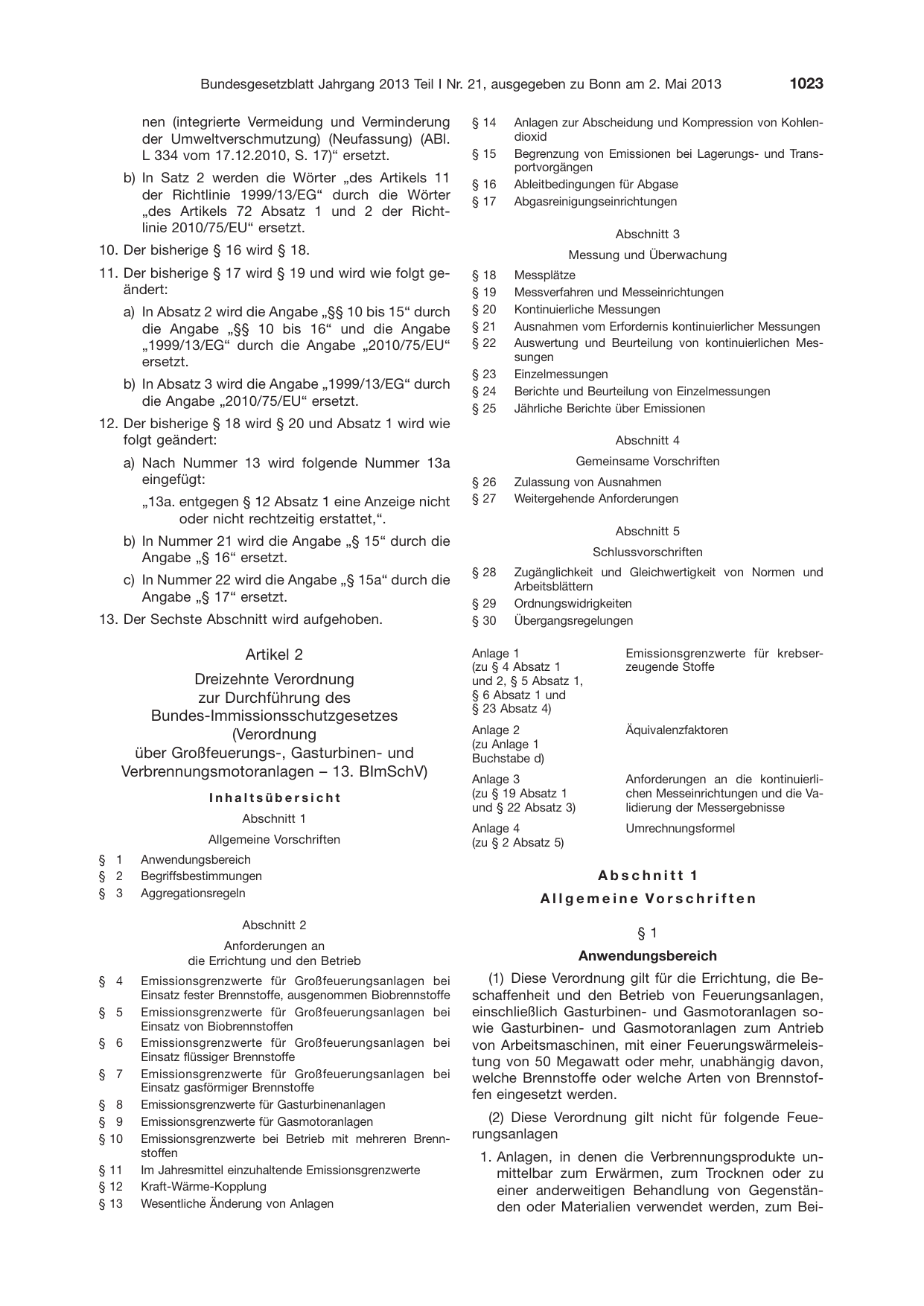 BGBl. 2013, Seite 1023 — Originalseite als Abbildung