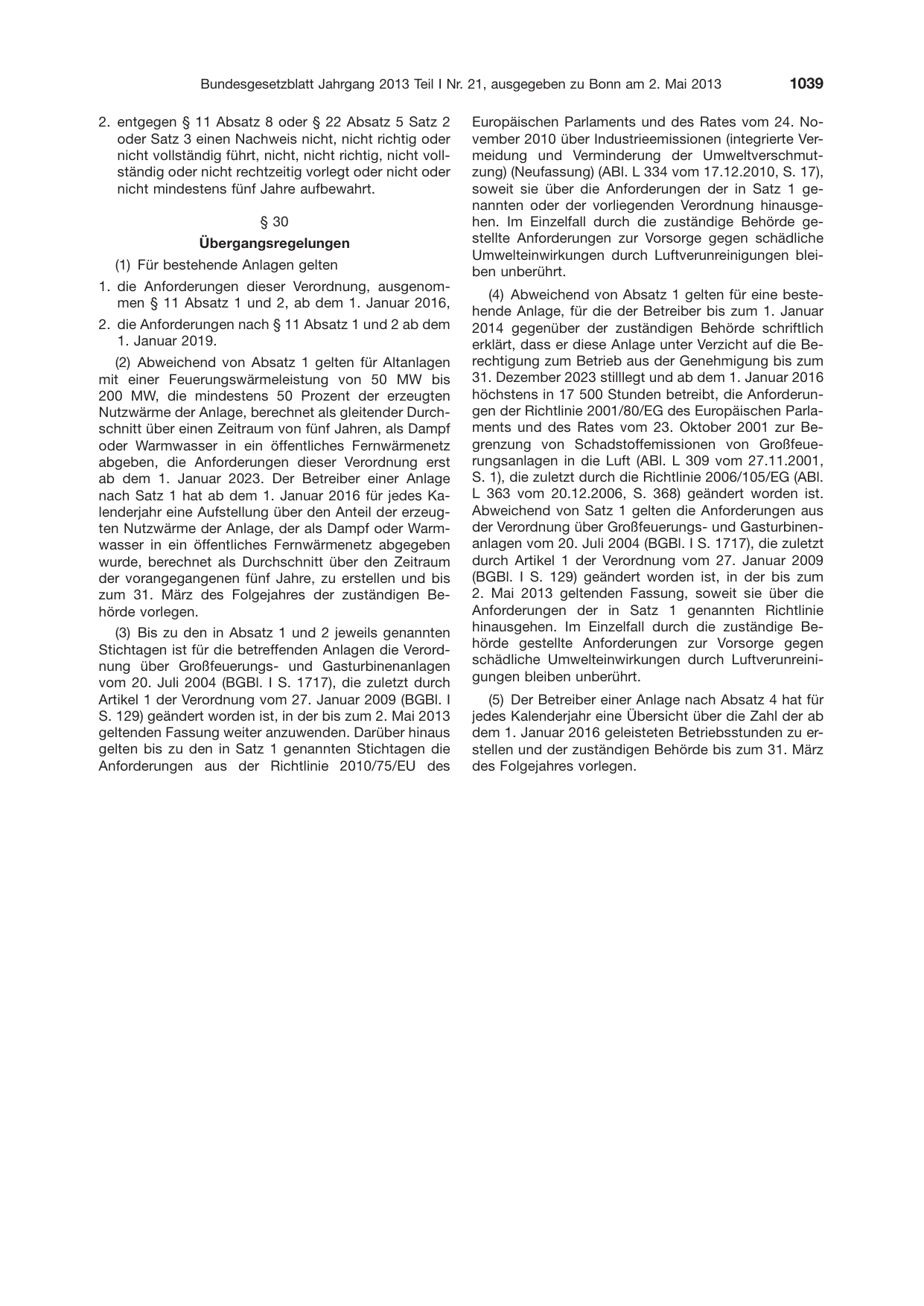 BGBl. 2013, Seite 1039 — Originalseite als Abbildung
