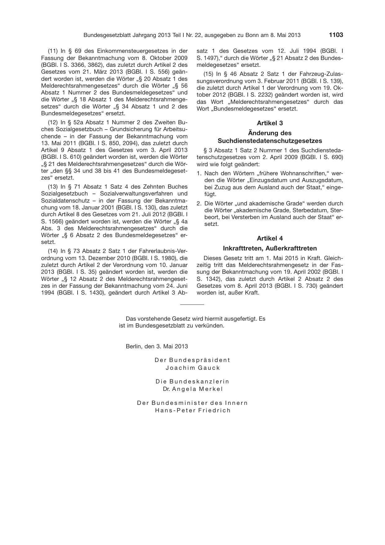 BGBl. 2013, Seite 1103 — Originalseite als Abbildung