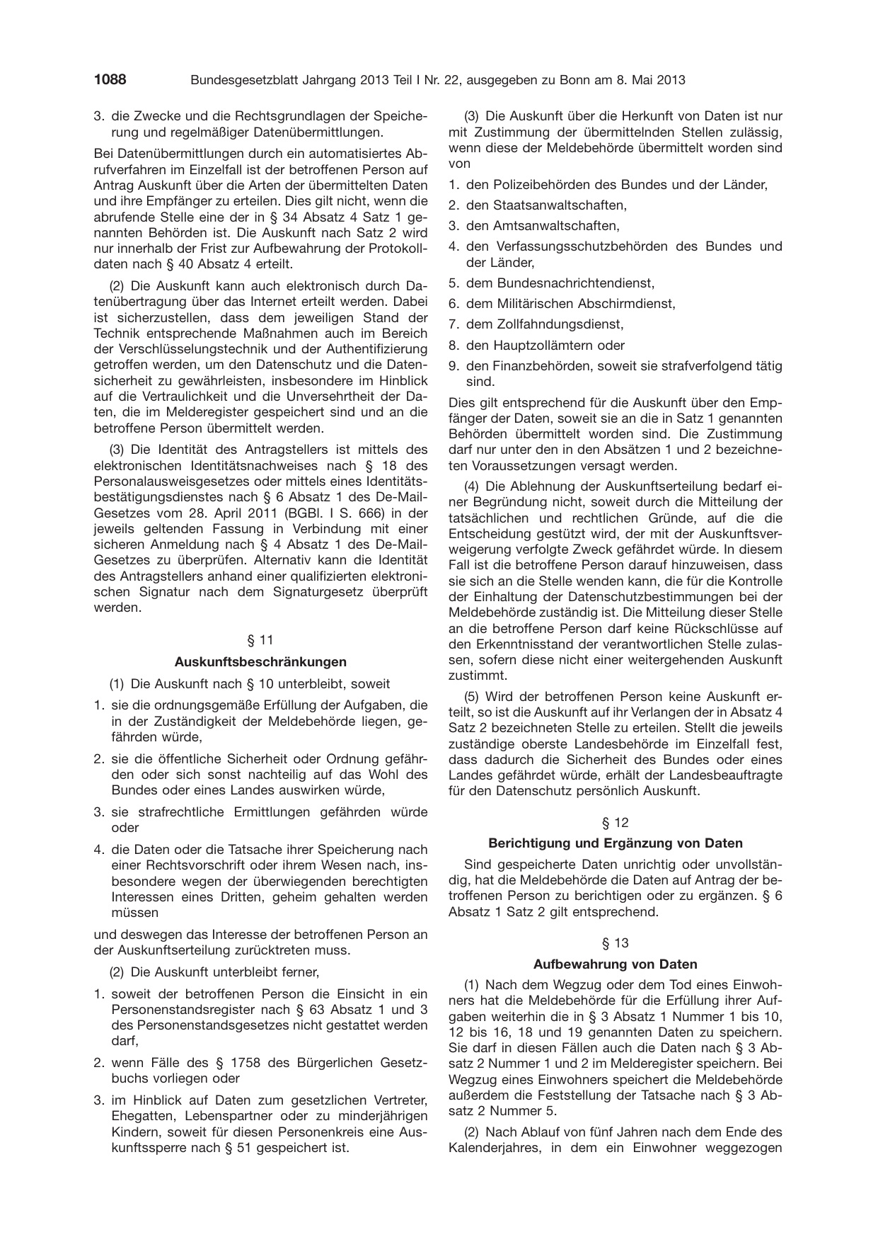 BGBl. 2013, Seite 1088 — Originalseite als Abbildung