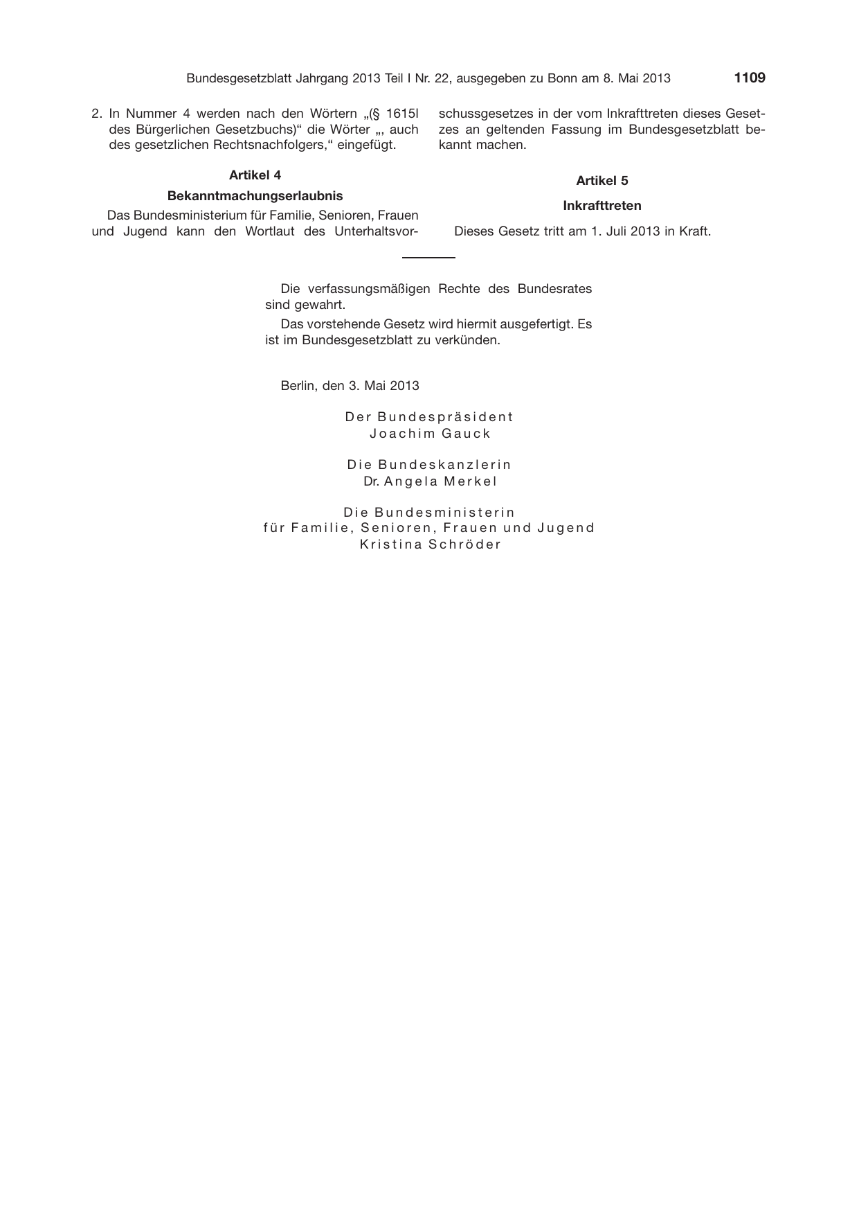 BGBl. 2013, Seite 1109 — Originalseite als Abbildung