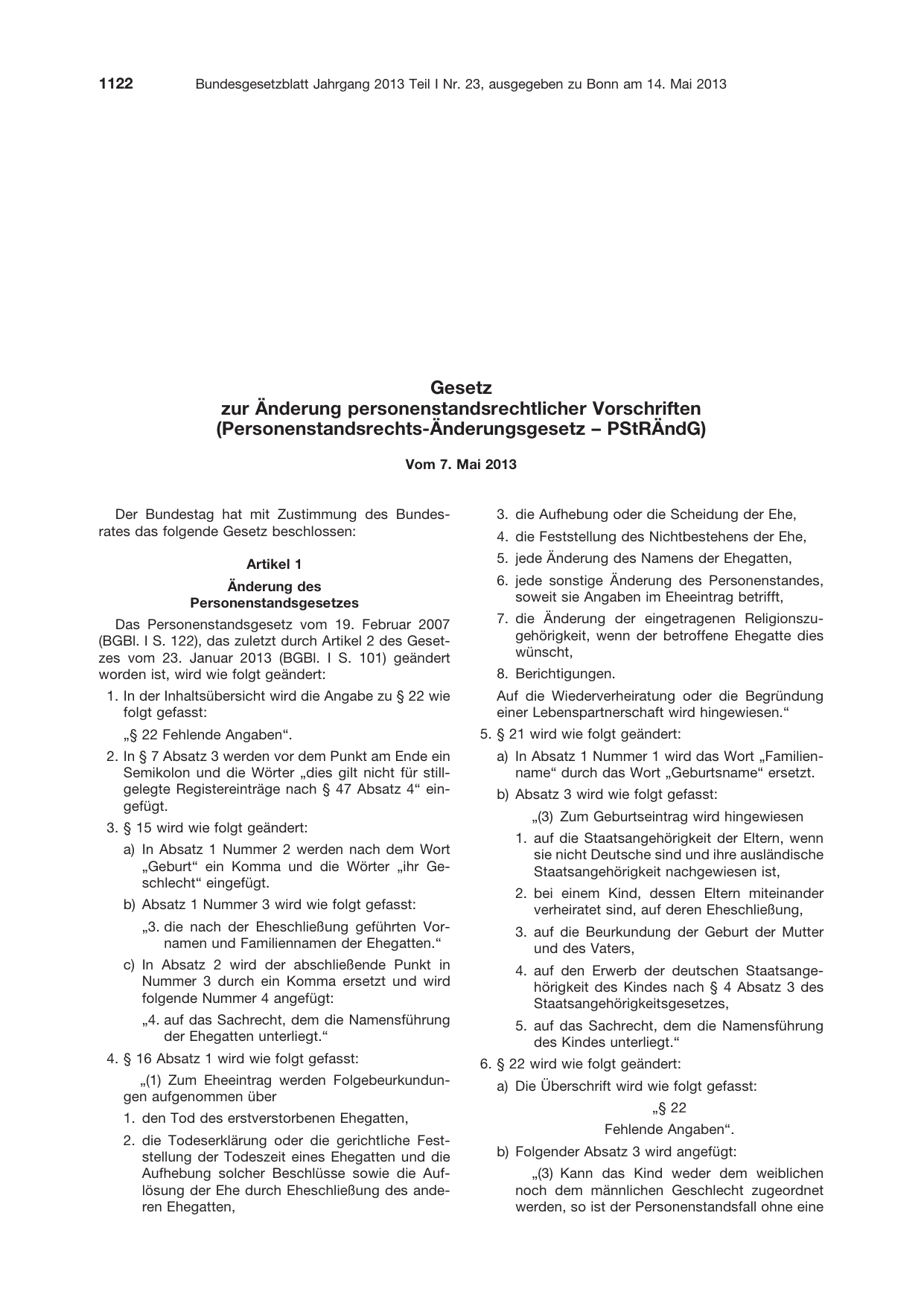 BGBl. 2013, Seite 1122 — Originalseite als Abbildung