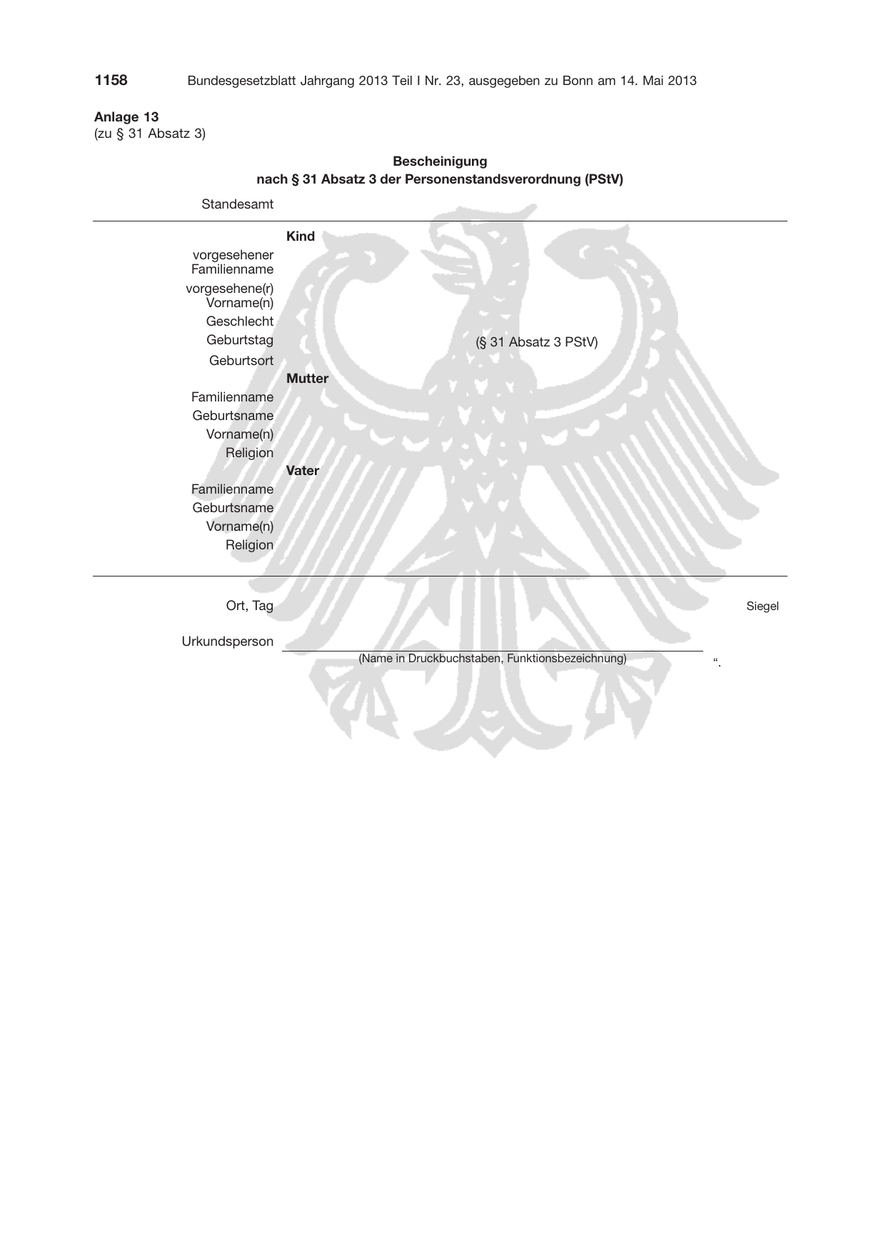 BGBl. 2013, Seite 1158 — Originalseite als Abbildung
