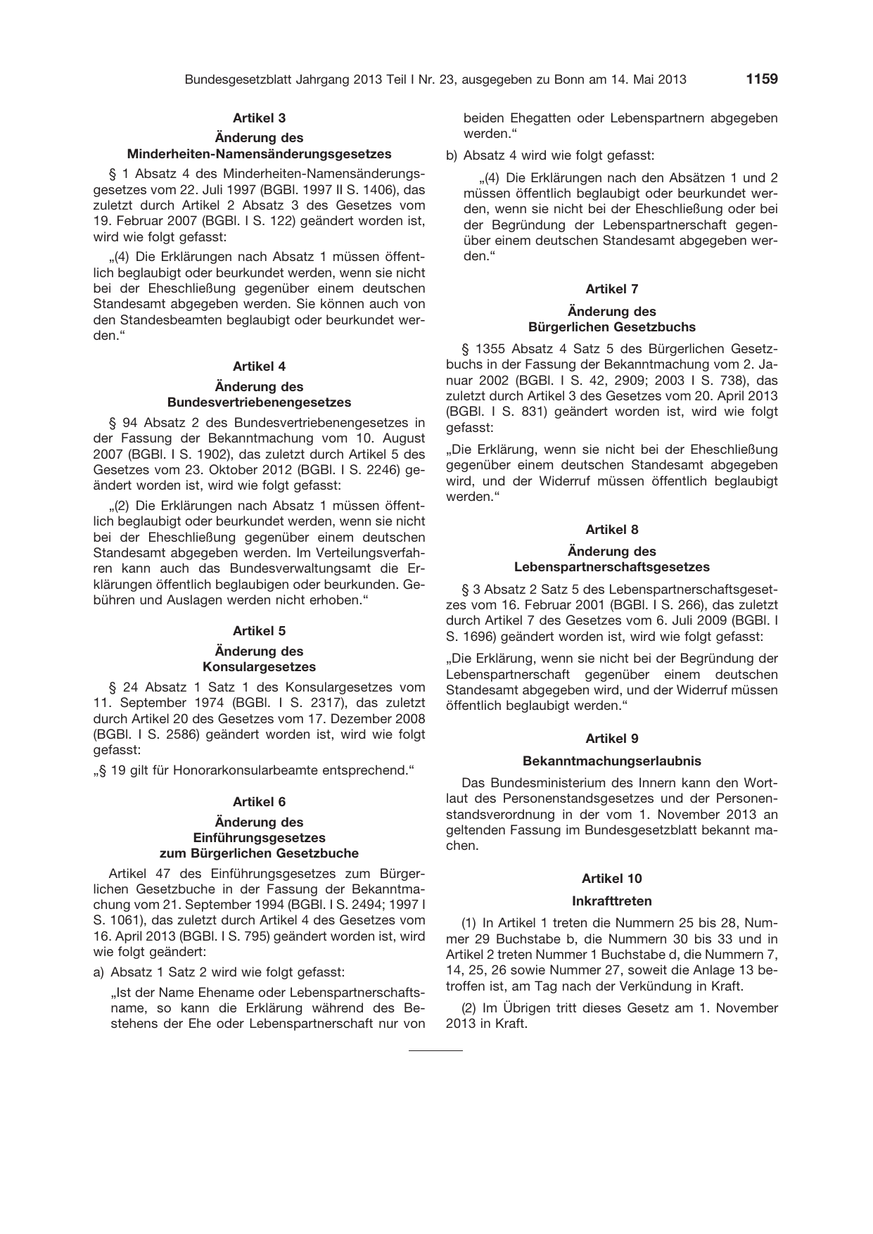 BGBl. 2013, Seite 1159 — Originalseite als Abbildung