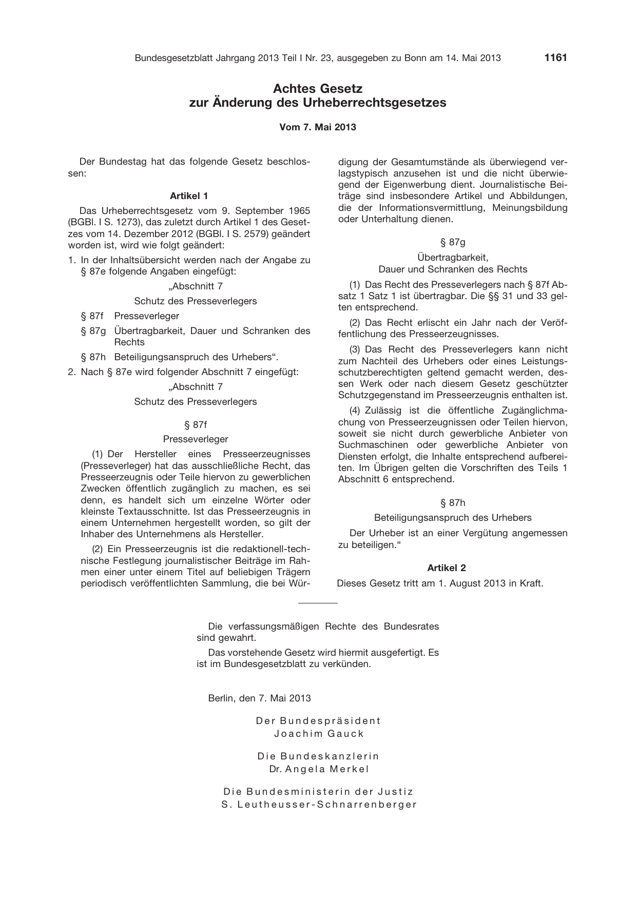 BGBl. 2013, Seite 1161 — Originalseite als Abbildung