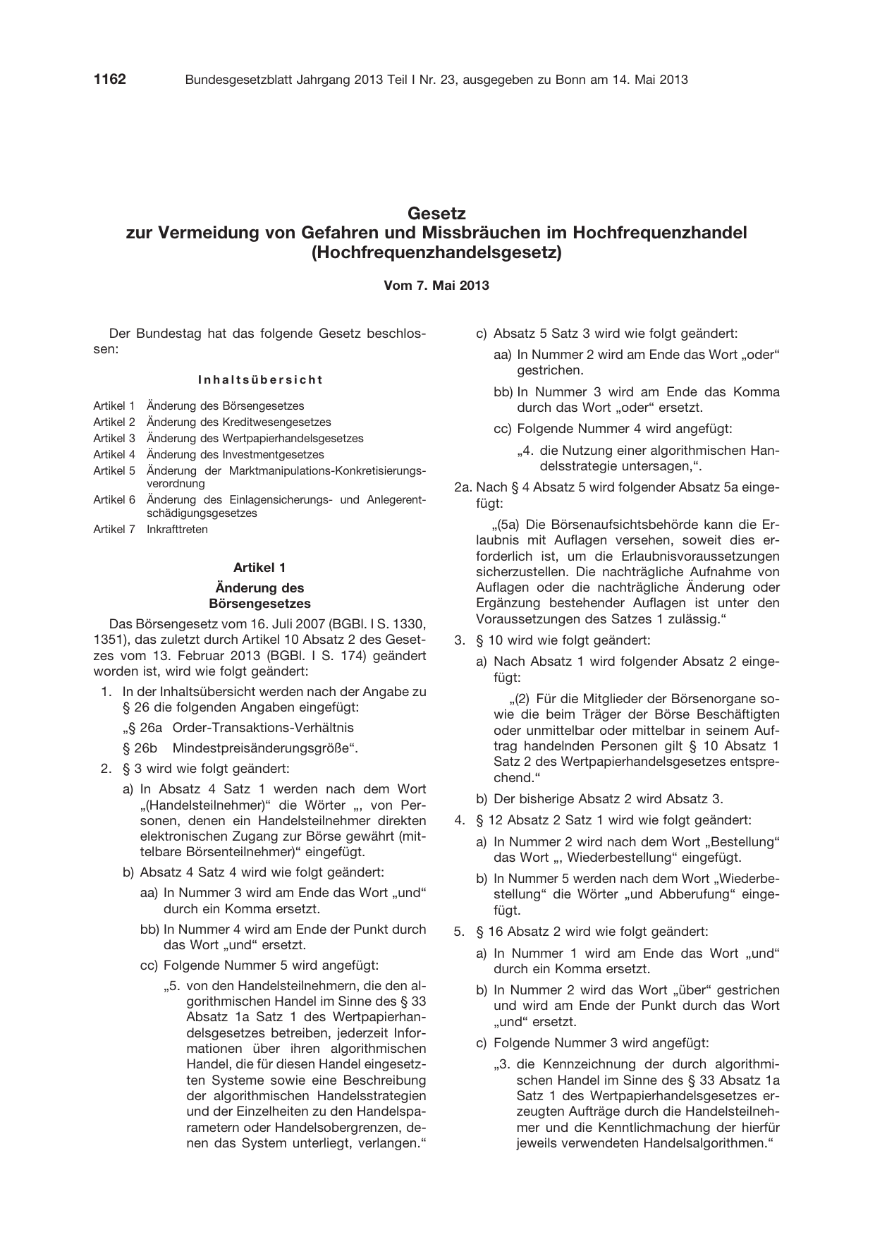 BGBl. 2013, Seite 1162 — Originalseite als Abbildung