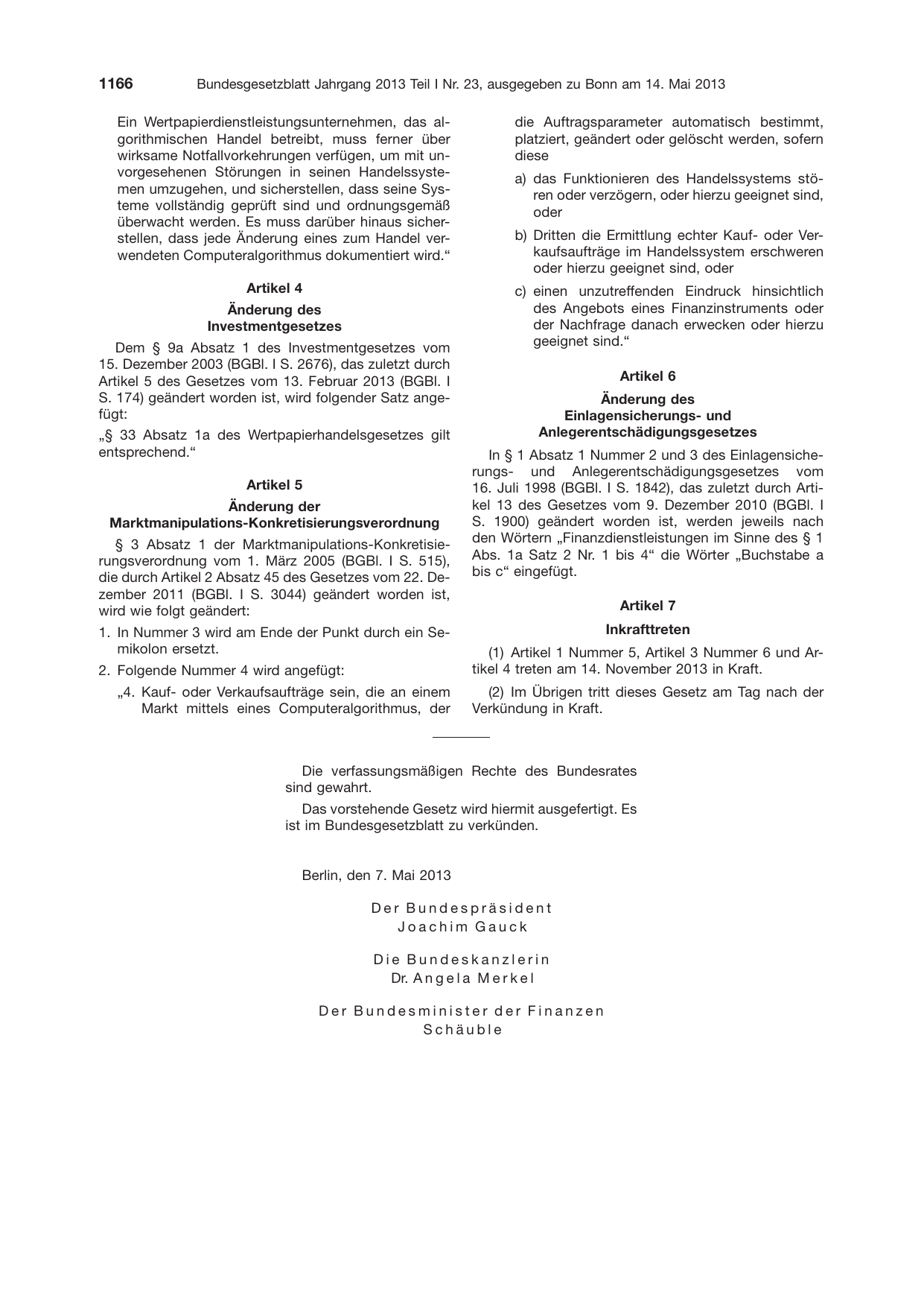 BGBl. 2013, Seite 1166 — Originalseite als Abbildung