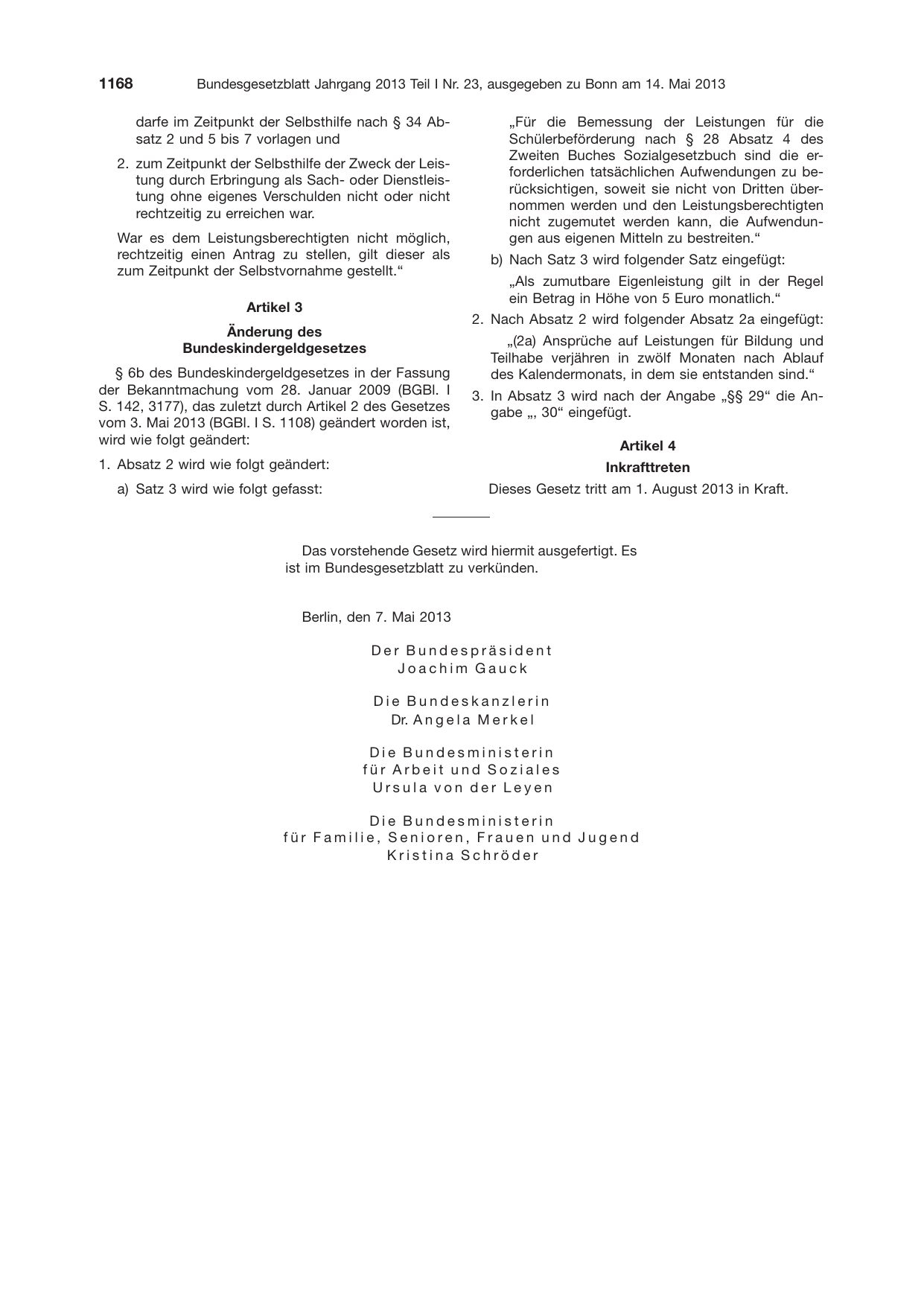 BGBl. 2013, Seite 1168 — Originalseite als Abbildung