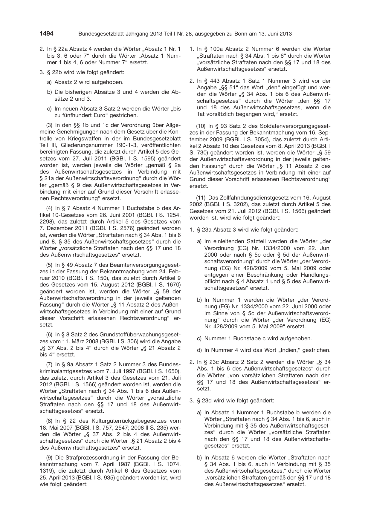 BGBl. 2013, Seite 1494 — Originalseite als Abbildung