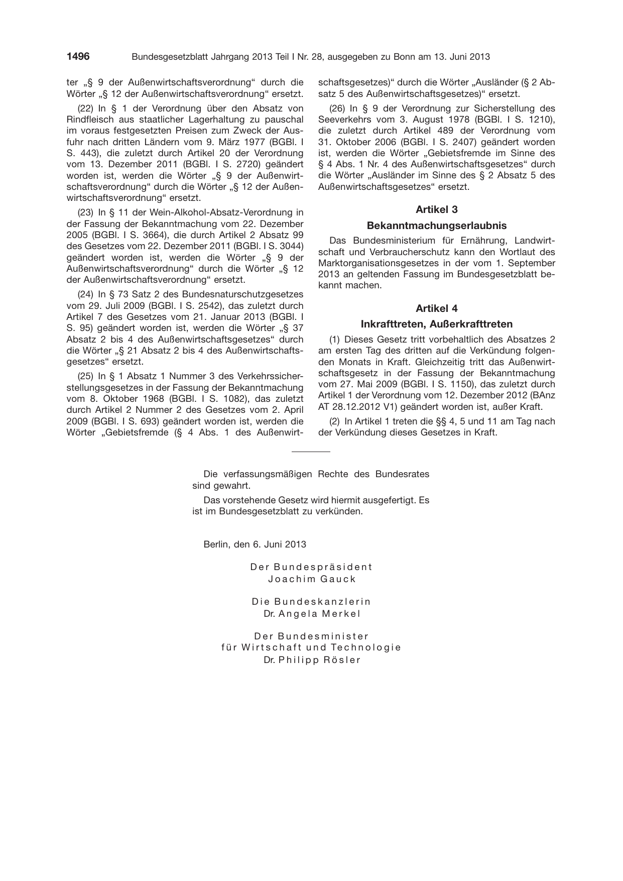 BGBl. 2013, Seite 1496 — Originalseite als Abbildung