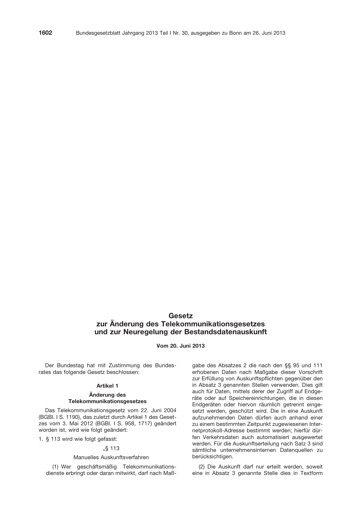 BGBl. 2013, Seite 1602 — Originalseite als Abbildung