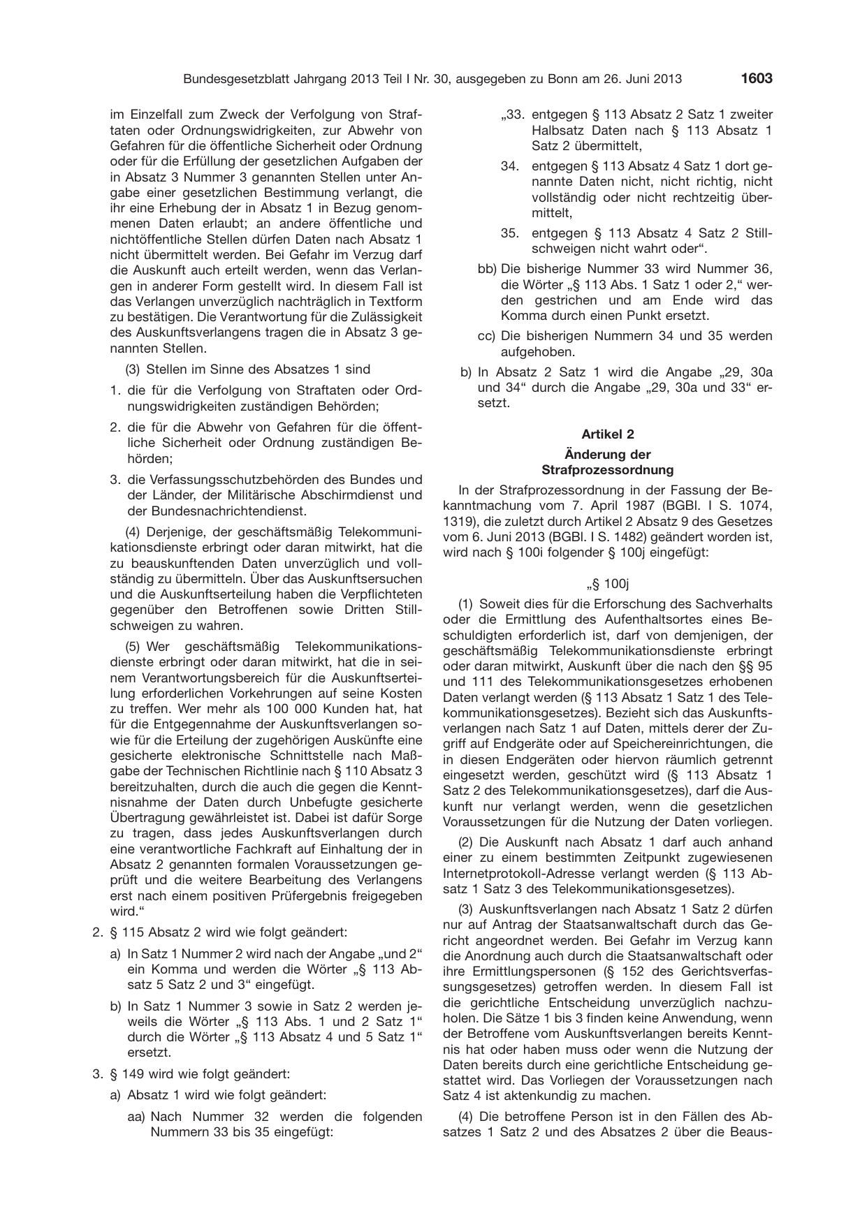 BGBl. 2013, Seite 1603 — Originalseite als Abbildung