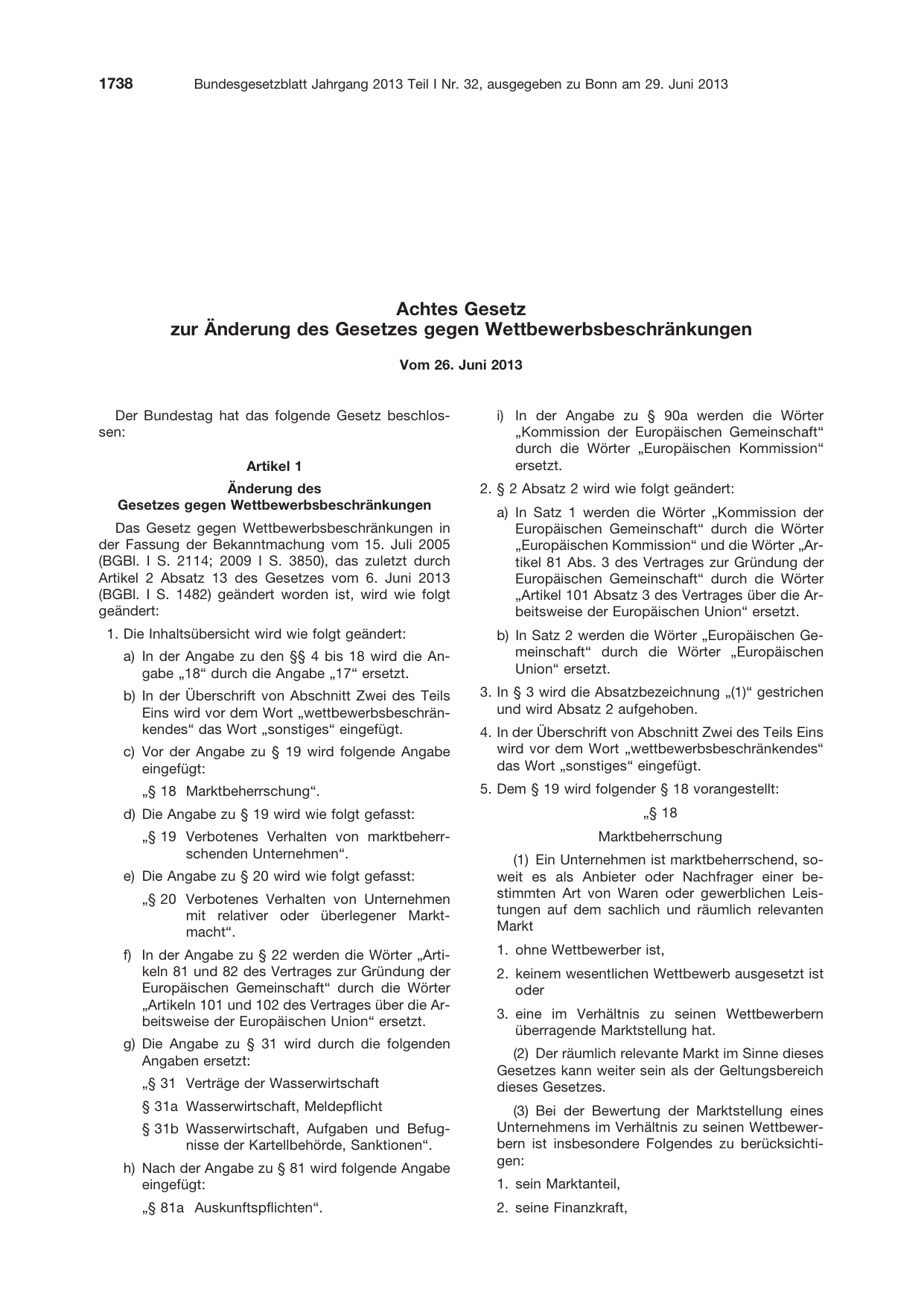 BGBl. 2013, Seite 1738 — Originalseite als Abbildung