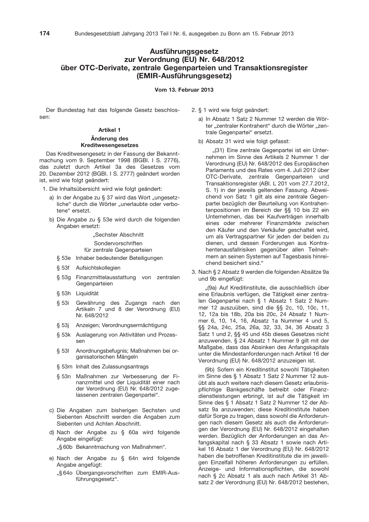 BGBl. 2013, Seite 174 — Originalseite als Abbildung