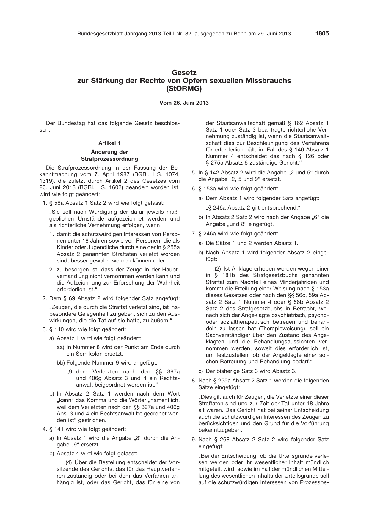 BGBl. 2013, Seite 1805 — Originalseite als Abbildung