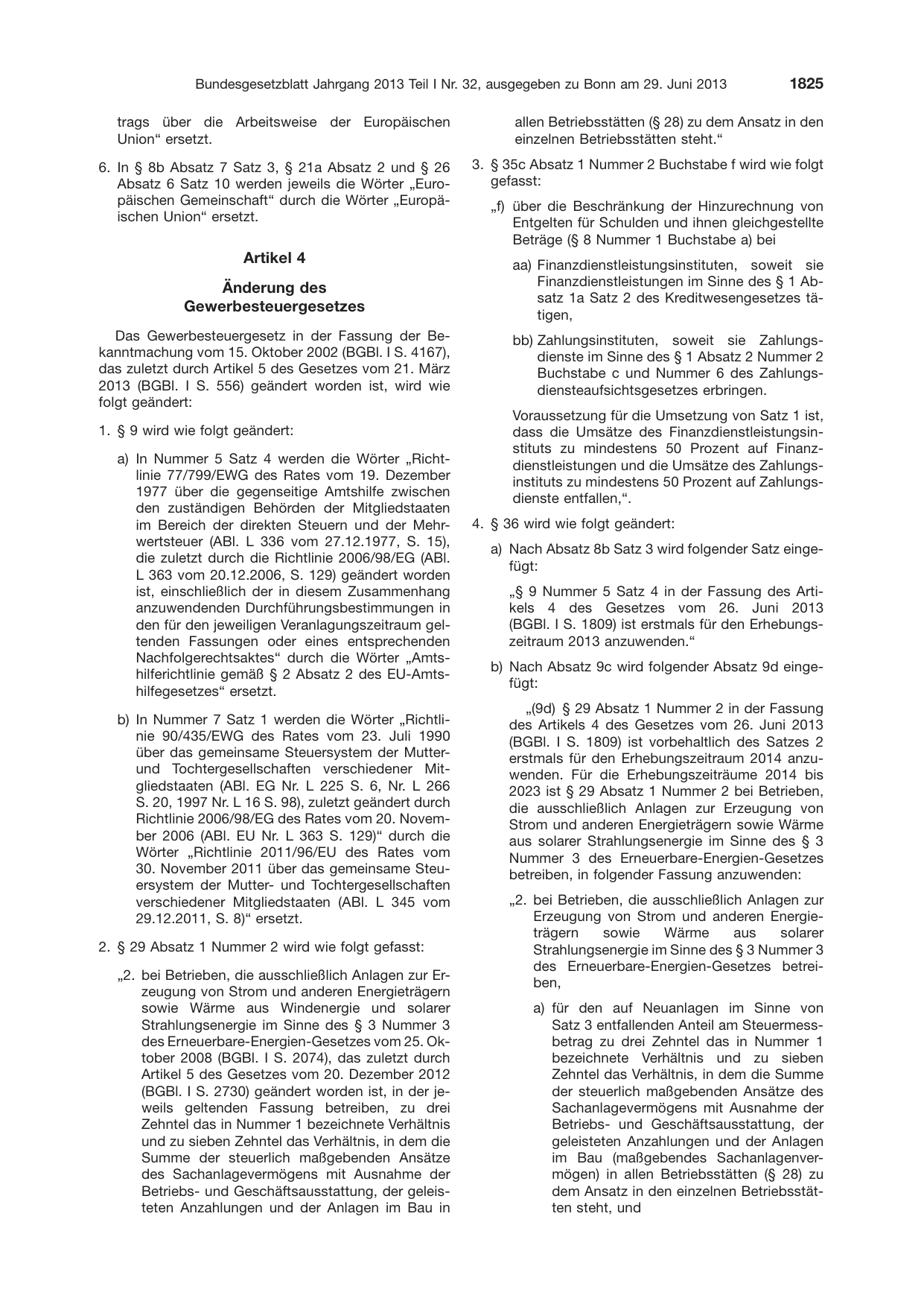 BGBl. 2013, Seite 1825 — Originalseite als Abbildung