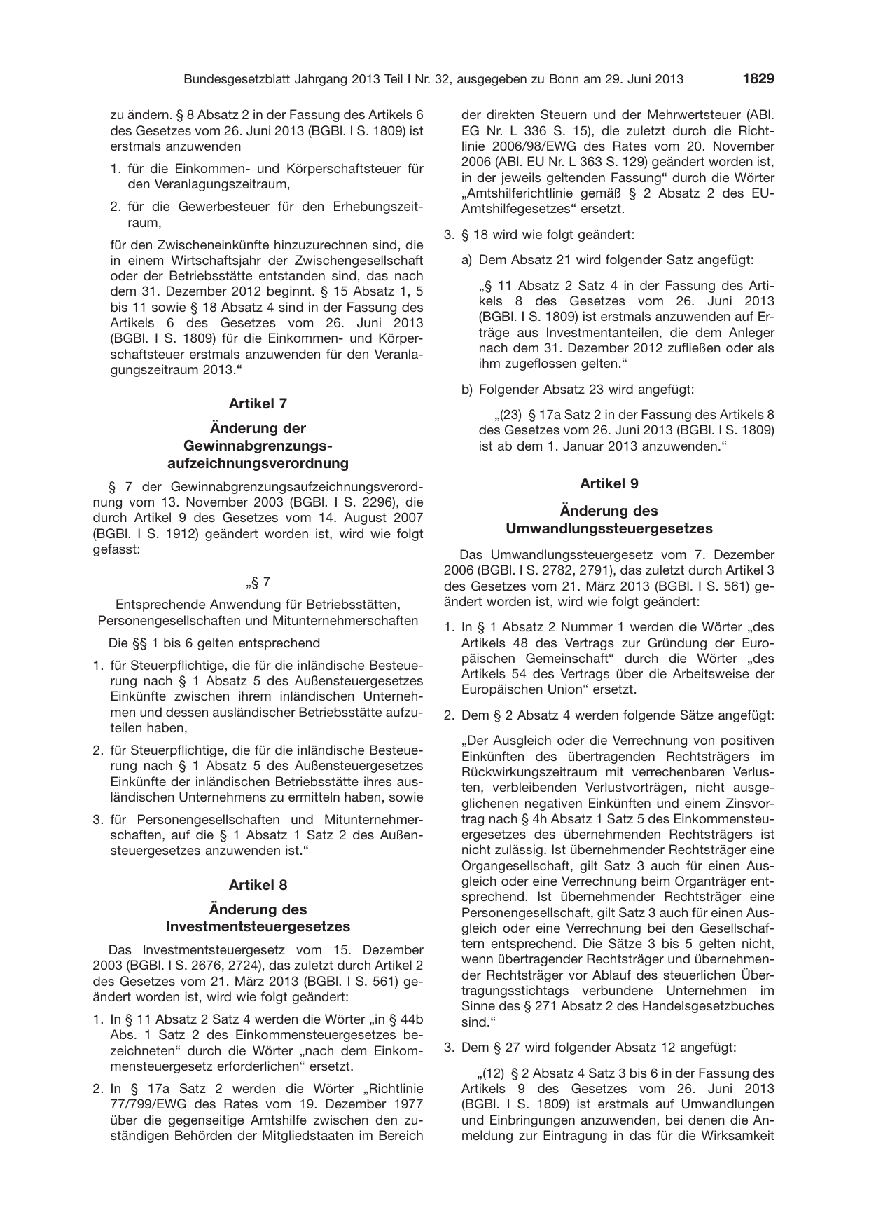 BGBl. 2013, Seite 1829 — Originalseite als Abbildung