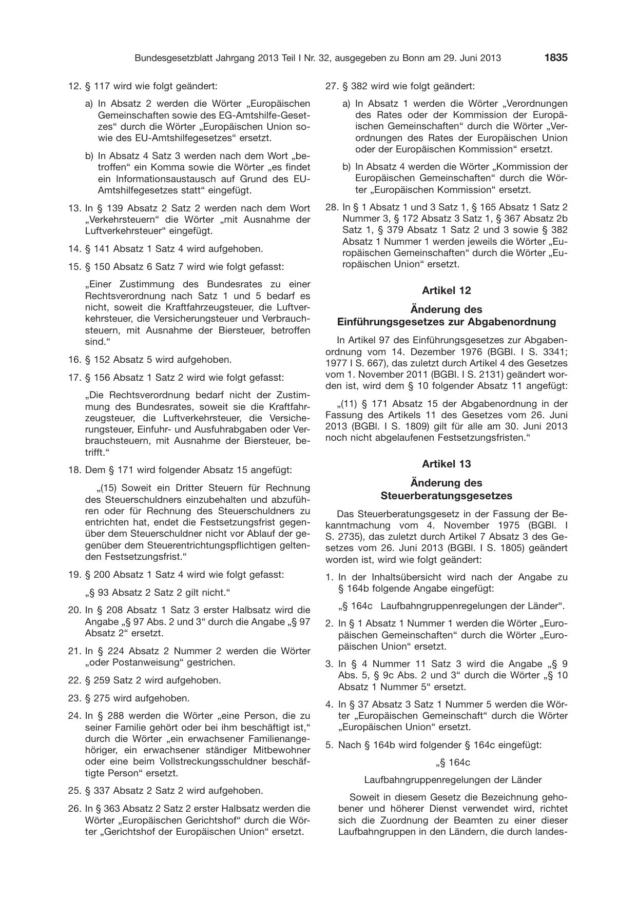 BGBl. 2013, Seite 1835 — Originalseite als Abbildung