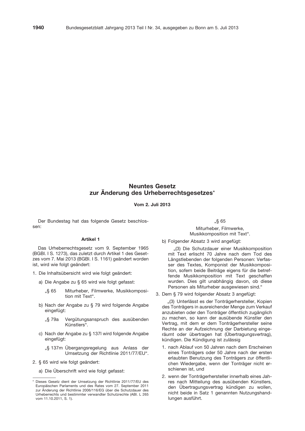 BGBl. 2013, Seite 1940 — Originalseite als Abbildung