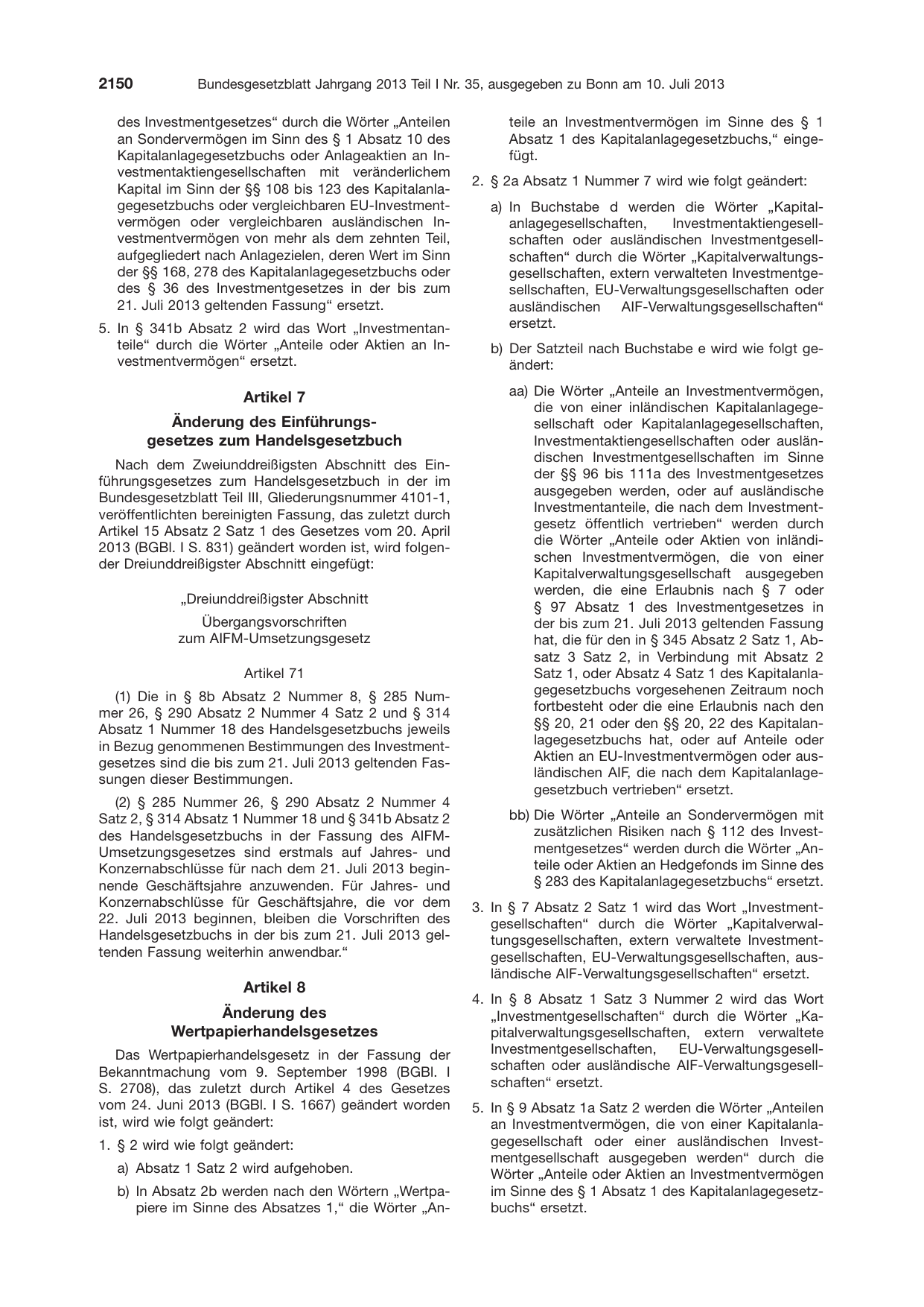 BGBl. 2013, Seite 2150 — Originalseite als Abbildung