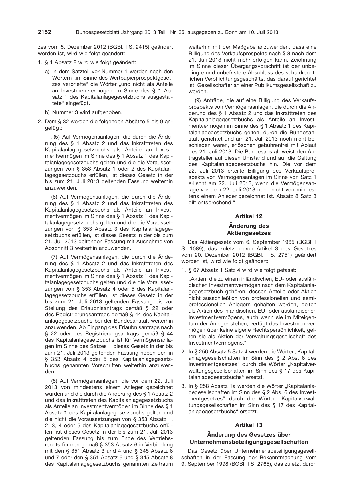 BGBl. 2013, Seite 2152 — Originalseite als Abbildung