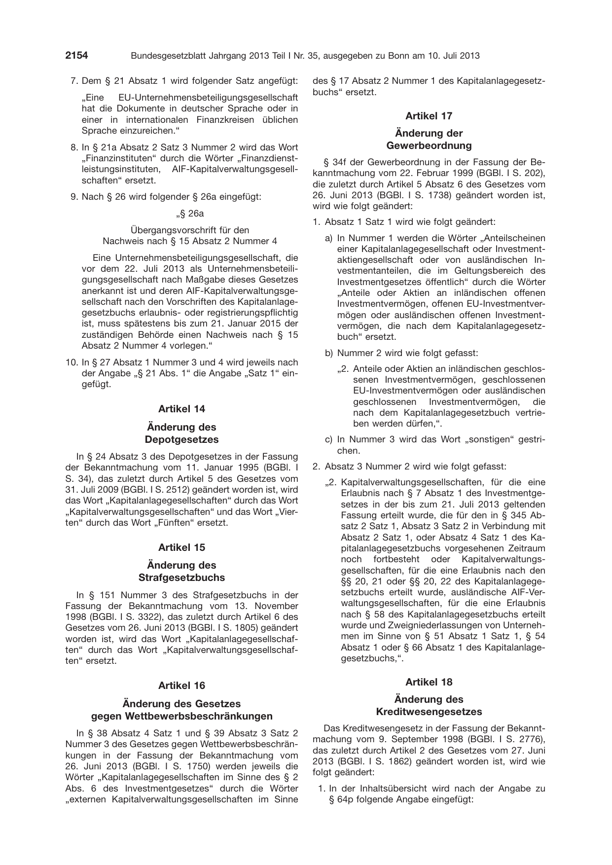 BGBl. 2013, Seite 2154 — Originalseite als Abbildung